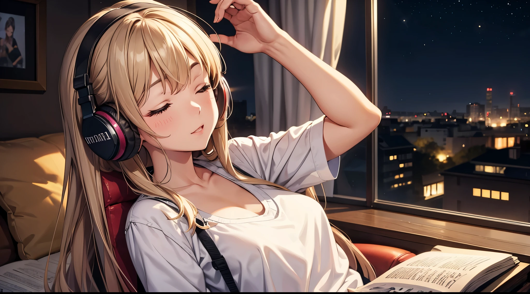 Girl with headphones enjoying music in a home　I am studying　Emphasize a little bit of the big chest　Looking towards me with eyes closed　Night Background