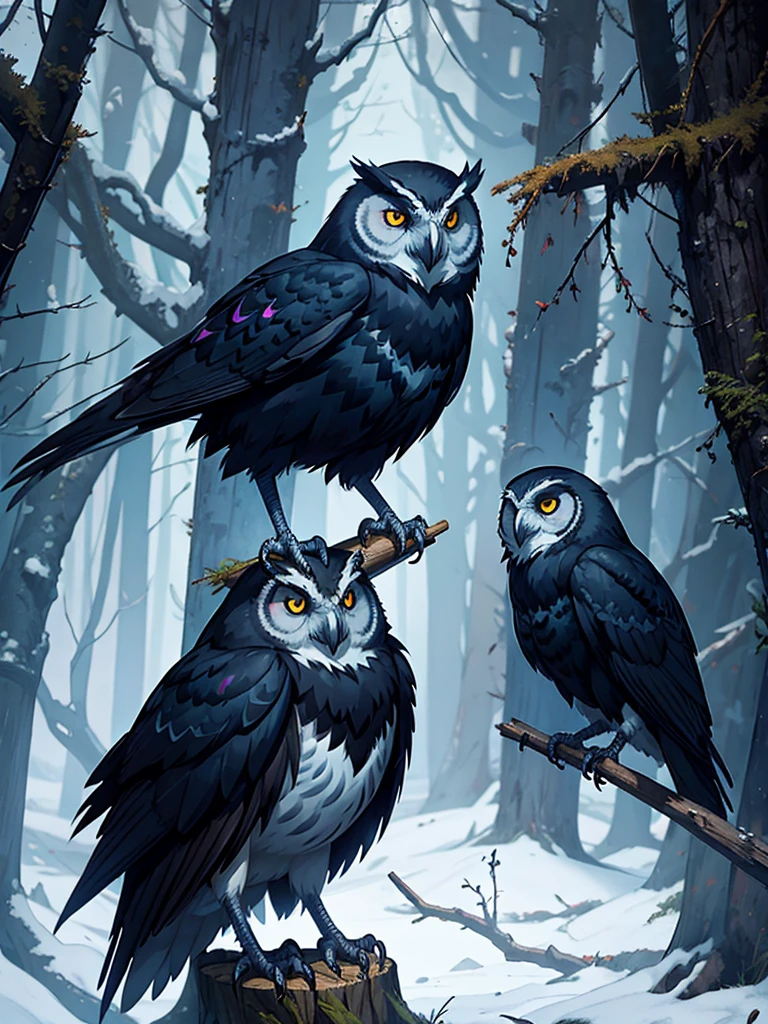 Raven and Owl Hybrid Fantasy Creature with Dead Forest Background 