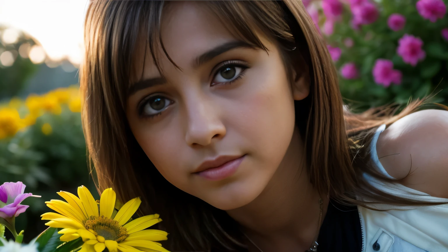 suzi quatro, 1girl, masterpiece:1.2 - (best quality) (detailed) (intricate) (8k) (HDR) (wallpaper) (cinematic lighting) (sharp focus), happy, 20 years old girl, break, upper body, closeup, break, garden flowers