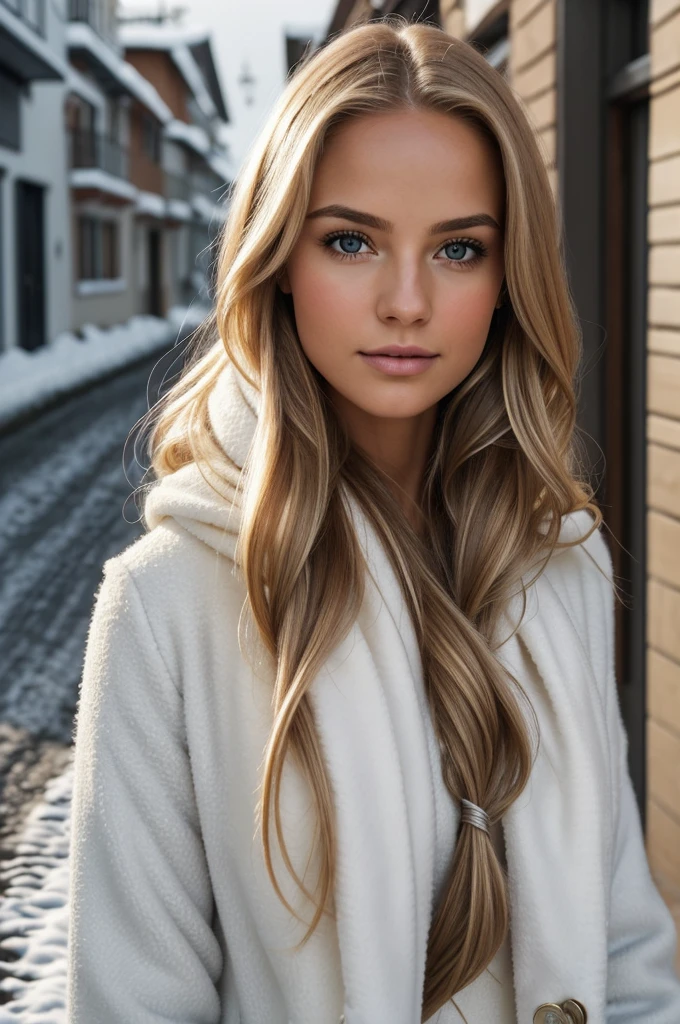 proFessional portrait photograph oF a gorgeous Norwegian girl in winter clothing with long wavy blonde hair, sultry Flirty look, gorgeous symmetrical Face, lindo maquillaje natural, wearing elegant warm winter Fashion clothing, ((parado afuera en una calle nevada de la ciudad)), impresionante entorno urbano moderno, ultra realista, Arte conceptual, elegant, muy detallado, Intrincado, sharp Focus, depth oF Field, F/1. 8, 85mm, tiro medio, plano medio, (((proFessionally color graded))), bright soFt diFFused light, (volumetric Fog), tendencia en instagram, hdr 4k, 8K