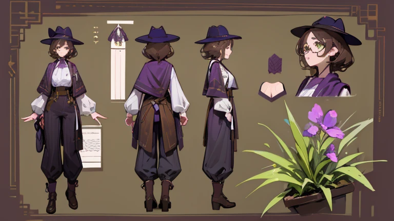 (Masterpiece, best quality), detailed, 1 gardener woman, (character concept art), (character design sheet, reference sheet, same character, front, back), full body, body complete, 1 gardener female, 1 gardener women. Character design sheet full body, Highly detailed, character sheet, character design, Many parts, pale skin, olive green eyes, glasses, rounded square brown lenses, short dark brown curly hair, Some purple strands in her hair, lavender flower, flat chest, garden hat, gardening hat, a lavender flower in the hat, a purple scarf around the neck, pants, Ecofashion, Ecopunk, Ecology, Earthy clothing, gardening clothing, gardening, garden, Solarpunk, Solarpunk reference, Solarpunk inspired, cottagecore aesthetic, cottagecore, pants, gold details, pastel purple, green and brown color palette for the clothes.