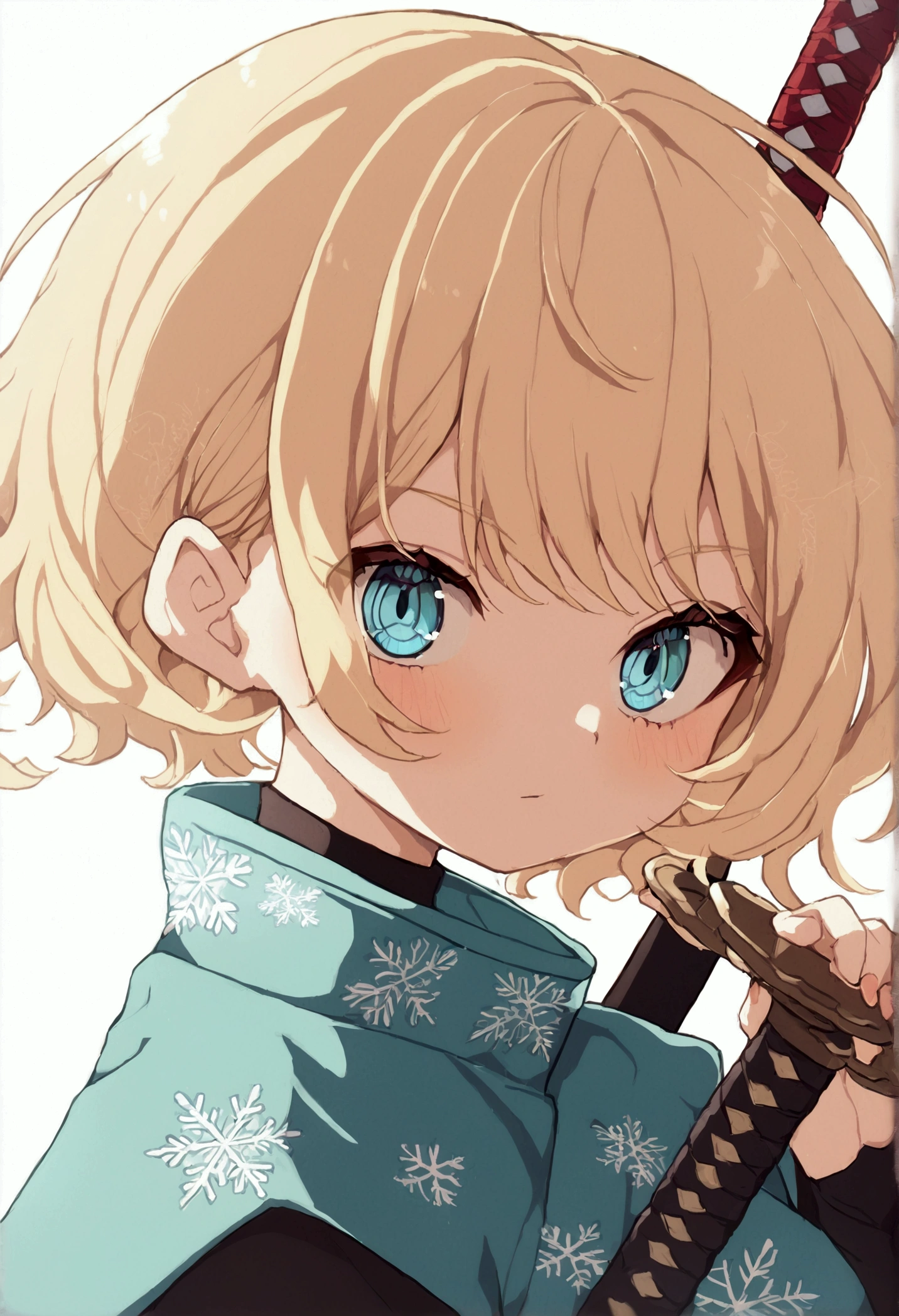 1 girl, short-hair, hair with some blue strands, blue colored eyes, demon slayer style clothing, hashira, katana with snowflake symbols, White background, blondie hair