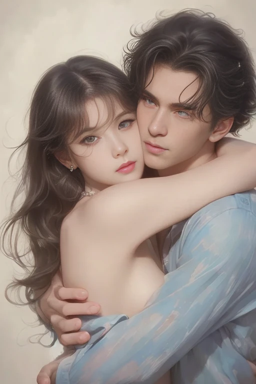 High-quality images of couples: blond man (Tall、Statue-like、Handsome and、Brave young man、Blue eyes、Curly golden hair、Wearing a grey antique military uniform) A woman with black hair (long straight black hair、Long Bangs、Blackberry eyes、A beautiful young femme fatale、naked、PRİNCESS、Hugging。They are in love with each other。Created by Boris Vallejo「Ideal Anatomy」The sketch of、It is characterized by being very detailed.。masterpiece、Detailed study of the face、Beautiful Face、Features of Beautiful Face、Perfect Image、Realistic shots、Detailed study of the face、Full body image、8k、Detailed Images、Highly detailed illustration、A true masterpiece of the highest quality、Careful drawing。Bare Skin、Gown and naked watercolor、
ゴシック、ロマンス
黒のパンティ、