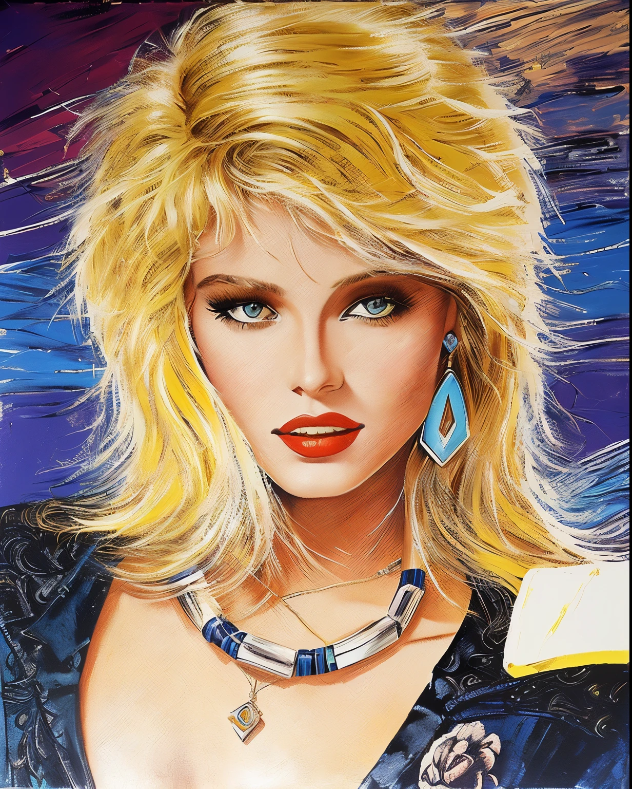 painting of a woman with blonde hair and a necklace, 80s arte, 80's fantasy art, 1980s woman, 80s poster, 80's Movie Poster Art, 1980s art, 1980s style poster.