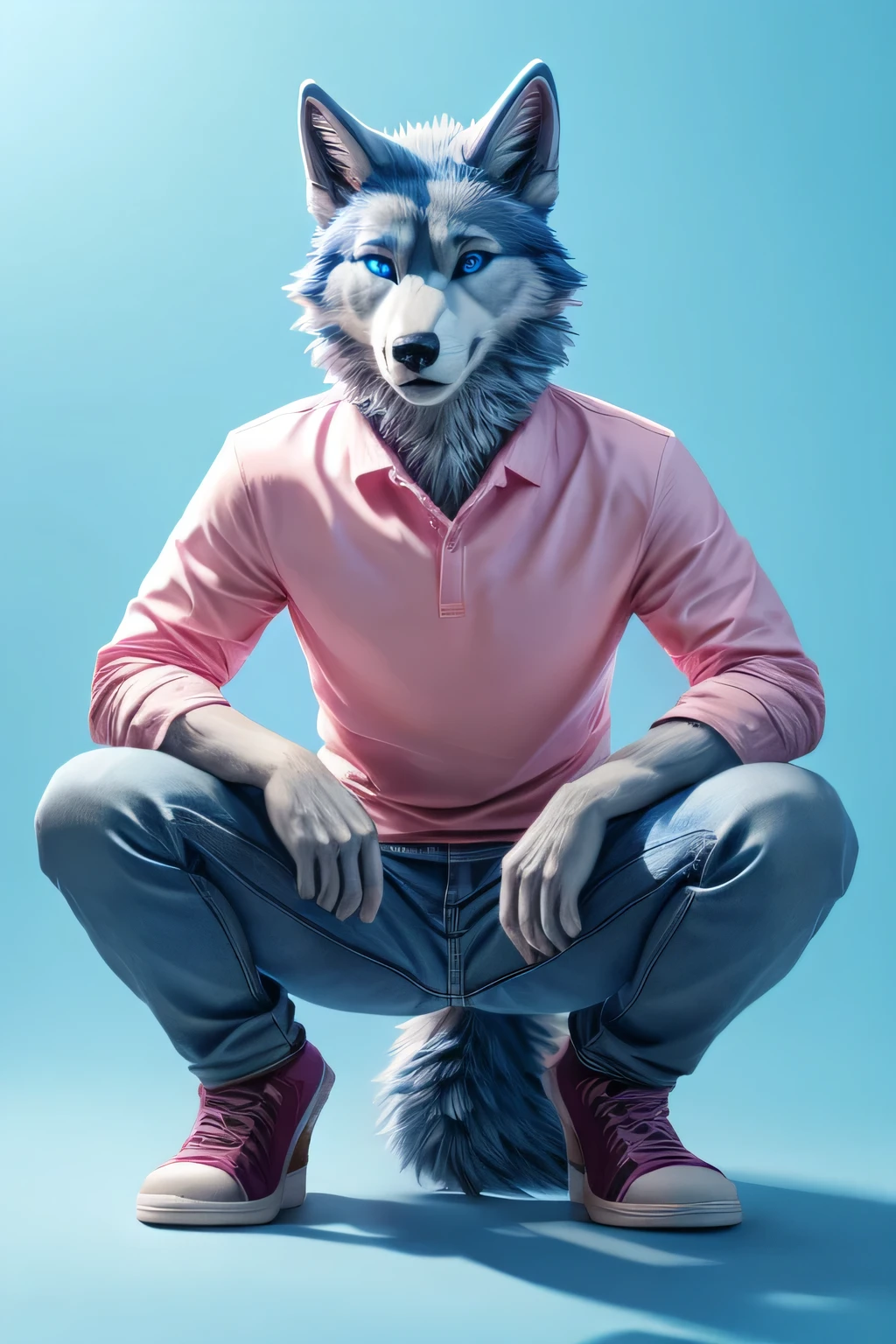 full body male blue wolf furry blue eyes blue background fluffy tail lying on the floor with open squatting legs light pink slim jeans and pink shirts