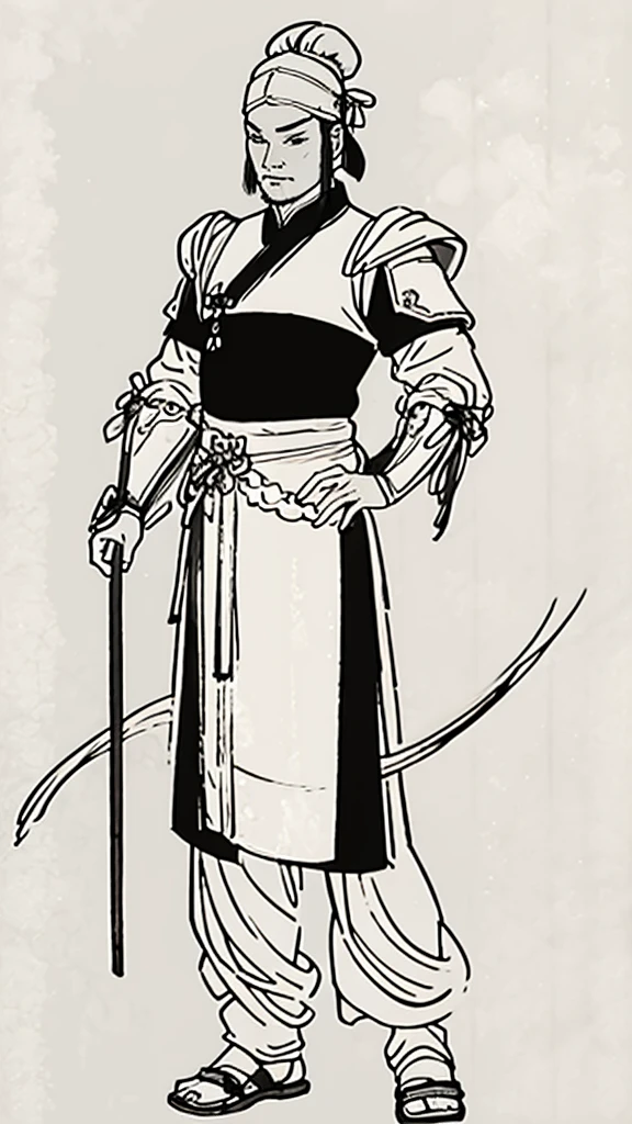 (((Monochrome)))、(((Ink Painting)))、((A handsome man in ancient China with a bun hairstyle and a white swimming cap))、Hands on hips、Line art、Oriental、Ultra-high resolution、Game Poster、Crisp and beautiful image quality、whole body ,(Ancient Chinese armor, Dragon head on shoulder, (Ancient Chinese armor with intricate pattern:1.2), gloves, Long trousers, (Very detailed, bloom:1.5), (Highest quality, Concept Art, 4K), (analog:1.2), (high sharpness), (Detailed pupil:1.1), Detailed face and eyes, masterpiece, Highest quality,8k, (Black Hair, Dynamic Short Hair), (PurerosFace_v1:0.2), [:(Detailed face:1.2):0.2], sharp, Realistic Shadows,  