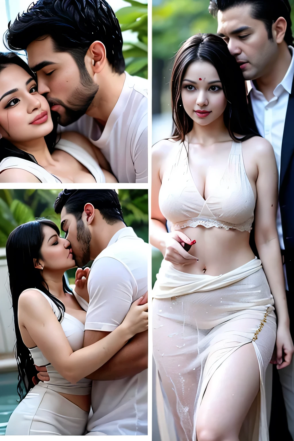 HD wallpaper 32k cinematic shoot of a Beautiful cute wet Indian woman, with thick thighs and a curvy waist, wearing an beautiful Indian dress, ((navel)), ((a man kissing her waist)), ((a man kissing her navel)), ((wet girl)), ((sweaty girl))