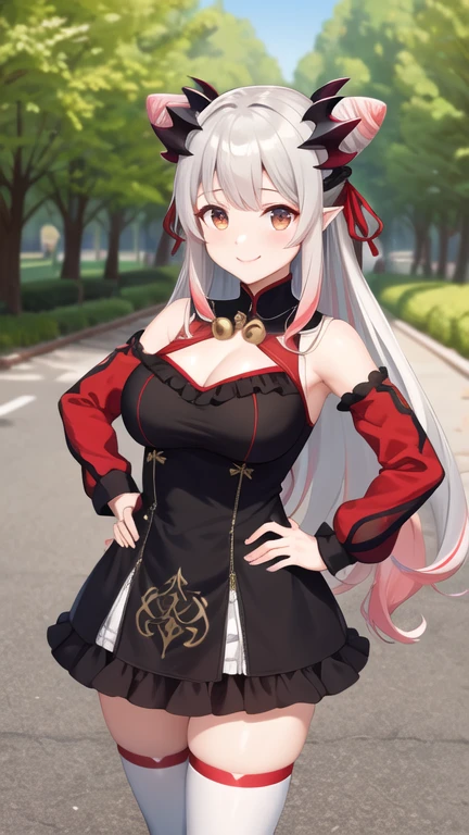 masterpiece, best quality, highres, aapatra, long hair, multicolored hair, horns, cone hair bun, hair ribbon, pointy ears, large breasts, bell, bare shoulders, cleavage cutout, frills, black dress, detached sleeves, red sleeves, long sleeves, white thighhighs, standing, outdoors, hand on hip, smile, cowboy shot,