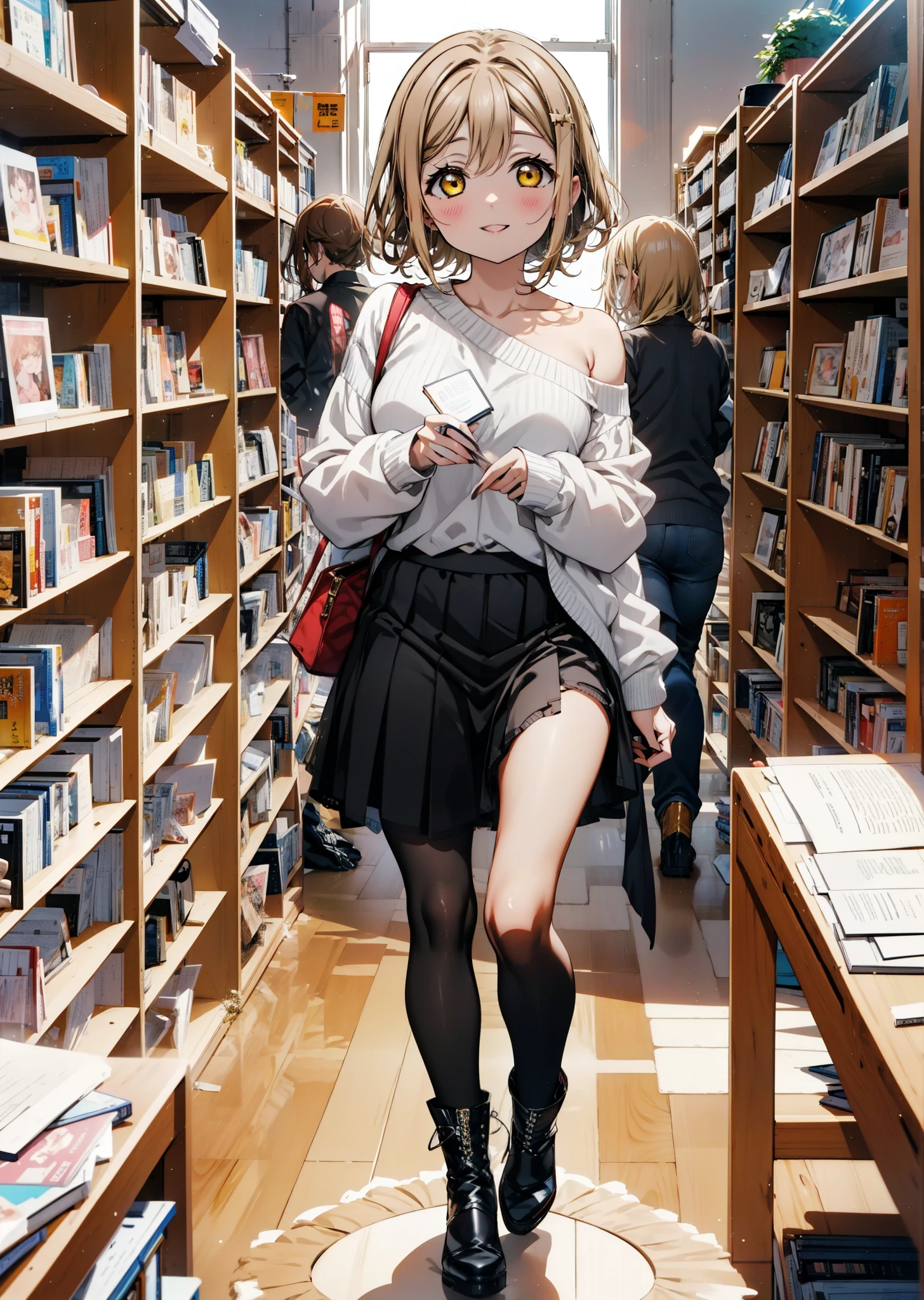 Hanamaru the kunikida, Brown Hair, happy smile,smile, Open your mouth,Yellow Eyes,hair band,Glasses,One-shoulder sweater,Long skirt,Black pantyhose,short boots,Walking,Bookshelf,There is a lot piled up on the table,whole bodyがイラストに入るように,
break indoors, figure書館,
break looking at viewer, whole body,
break (masterpiece:1.2), Highest quality, High resolution, unity 8k wallpaper, (figure:0.8), (Beautiful attention to detail:1.6), Highly detailed face, Perfect lighting, Highly detailed CG, (Perfect hands, Perfect Anatomy),