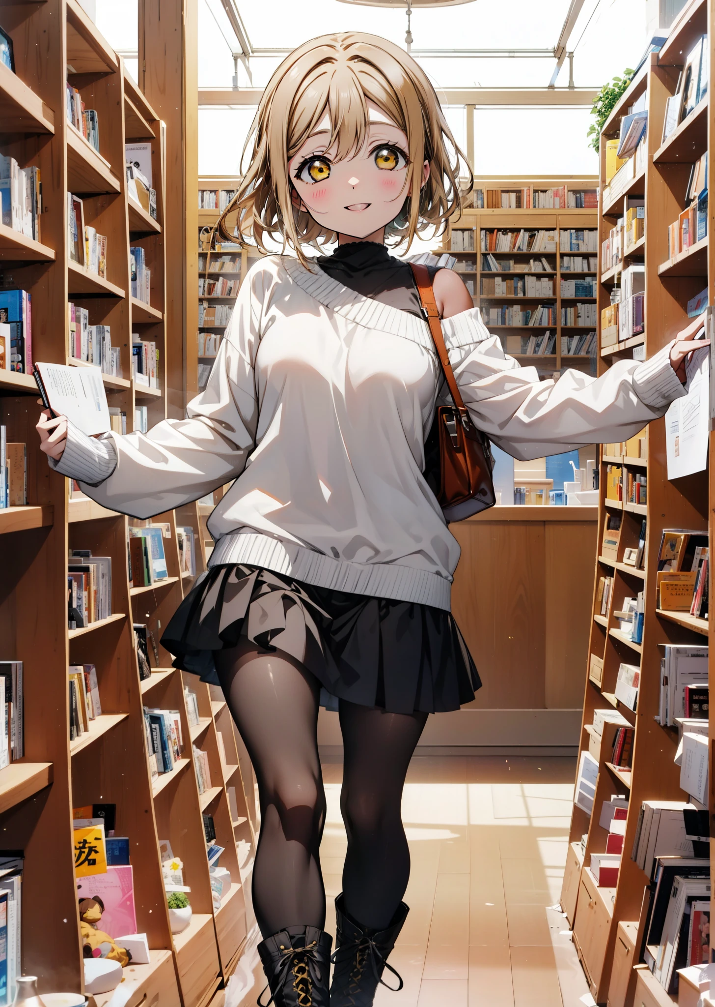 Hanamaru the kunikida, Brown Hair, happy smile,smile, Open your mouth,Yellow Eyes,hair band,Glasses,One-shoulder sweater,Long skirt,Black pantyhose,short boots,Walking,Bookshelf,There is a lot piled up on the table,whole bodyがイラストに入るように,
break indoors, figure書館,
break looking at viewer, whole body,
break (masterpiece:1.2), Highest quality, High resolution, unity 8k wallpaper, (figure:0.8), (Beautiful attention to detail:1.6), Highly detailed face, Perfect lighting, Highly detailed CG, (Perfect hands, Perfect Anatomy),