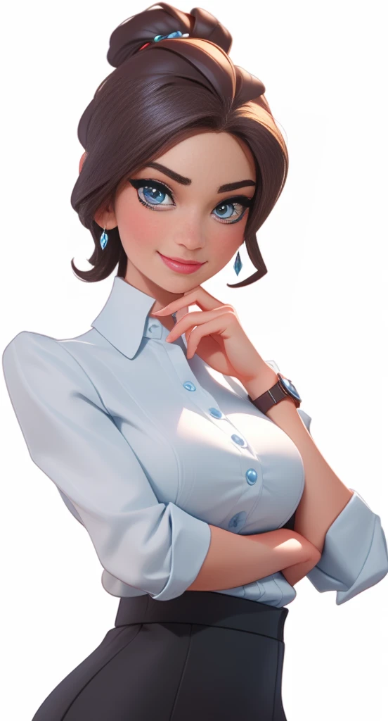 masterpiece, best quality, 3d rendering work, 3dMM style, close up, portrait, 3d, Serious and beautiful secretary，Beautiful Skin,Secretary outfit， light colored eyes, sweet smile,   