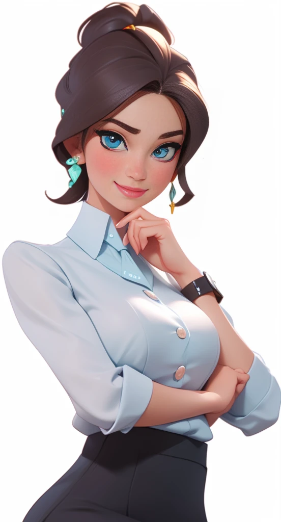 masterpiece, best quality, 3d rendering work, 3dMM style, close up, portrait, 3d, Serious and beautiful secretary，Beautiful Skin,Secretary outfit， light colored eyes, sweet smile,   