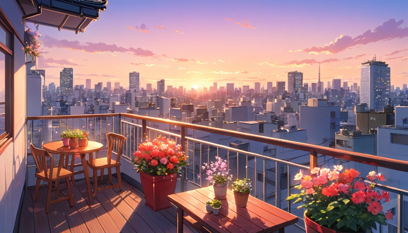 Tokyo at dusk、View from the balcony of a high-rise apartment on the top floor、Skyscrapers can be seen、The sky is dyed red by the setting sun、Beautiful flowers are planted in pots on the balcony.、There is a small wooden table、The artwork is anime-style with vivid, bright colors.、Delicate details and soft lines and shadows、Illustrations with a calm and relaxing atmosphere