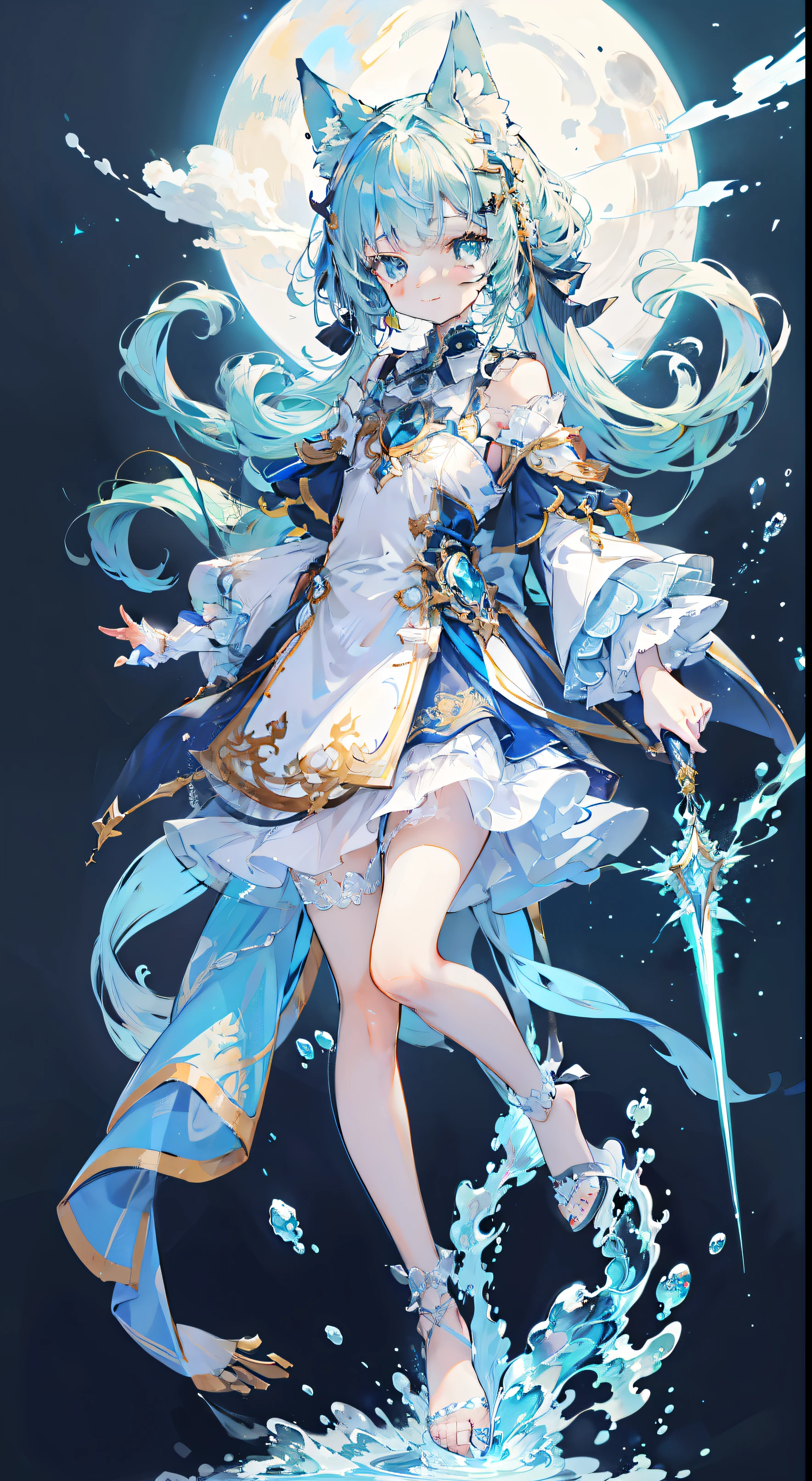 ((Tabletop, Highest quality:1.1))、8k、(Full body standing pose)、Beautiful girl with green hair，curly，Disheveled Hair，Cat ears, White Dress，A deep blue gemstone is set in the chest........，barefoot，Put a blue ring on your ankle，(Holds blue gemstone wand perfectly)，Behind him is a shooting star in the night sky々is spreading，The moon is in the sky、With a smile