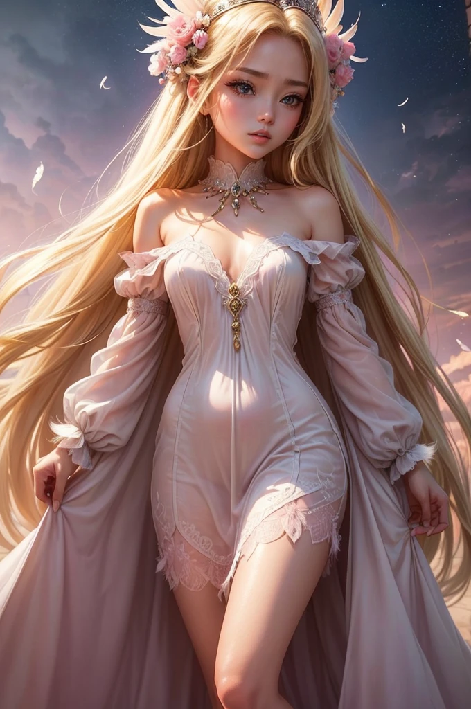 A charming girl appears from the dreamy morning mist.,Complexbeautiful色彩,Creates a fantastic atmosphere in your work,(((Smooth, straight, extra long hair, beautiful,Flowing blonde hair:1.2))),(((Amber eyes stare into the distance))),Amazing fantasy costumes,Full length,Delicate silk,Feather embossed all the way down to the hem of the dress,Subtle details,(Princess Decoration,Baby Pink:1.2),Complex,Detailed,moving composition,Against a deep background,(Feathers in the sky:1.3),it was foggy,Bokeh,it was foggy,Dutch Angle,Soft Focus,Afterimage,Minimalism,A world beyond imagination,Otherworldly brilliance,Movie-like scene,Cinema Lighting,超beautifulポートレート,Abstract background