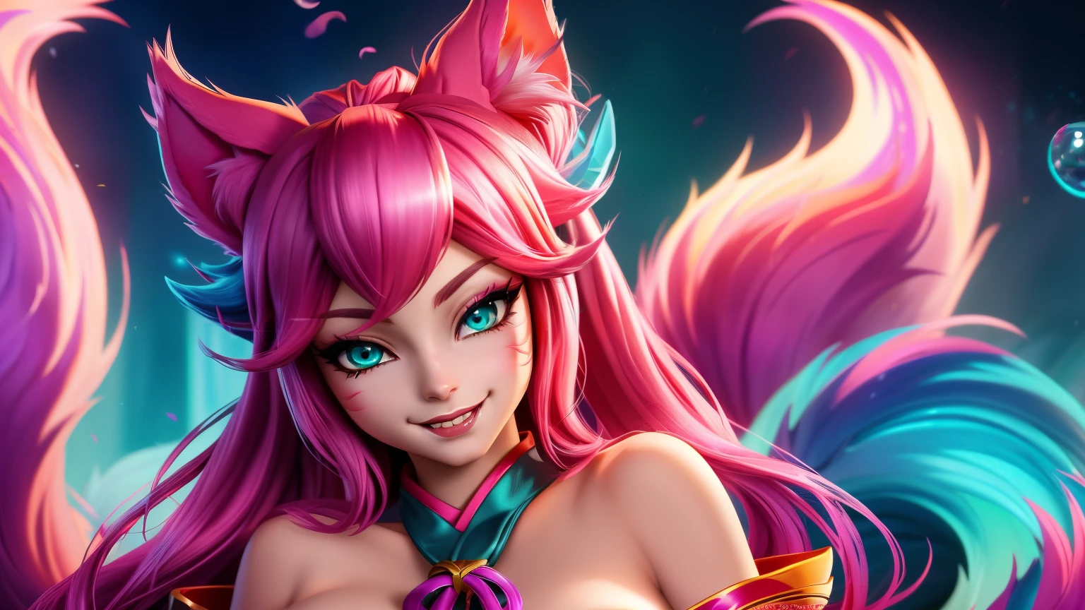 ahri league of legends, (ahri florescer esperitual), postura sexy, posse sexy, corpo definido, pink hair, braided ponytail, aqua eyes, fox ears, evil smile, anime, UHD, super detail, high quality, best quality, 8k