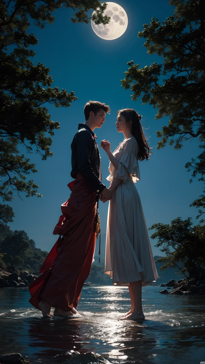 The painting depicts a couple in the water at night,A full moon surrounds, beautiful Moonlit Night, 漂浮在夜晚的Moonlight, michael whelan art, romantic, holding hands Moonlight, Moonlight, Moonlit Night, Moonlight, 沐浴在Moonlight, inspired by Brothers Hildebrandt, Beautiful moonlight, inspired by Brothers Hildebrandt