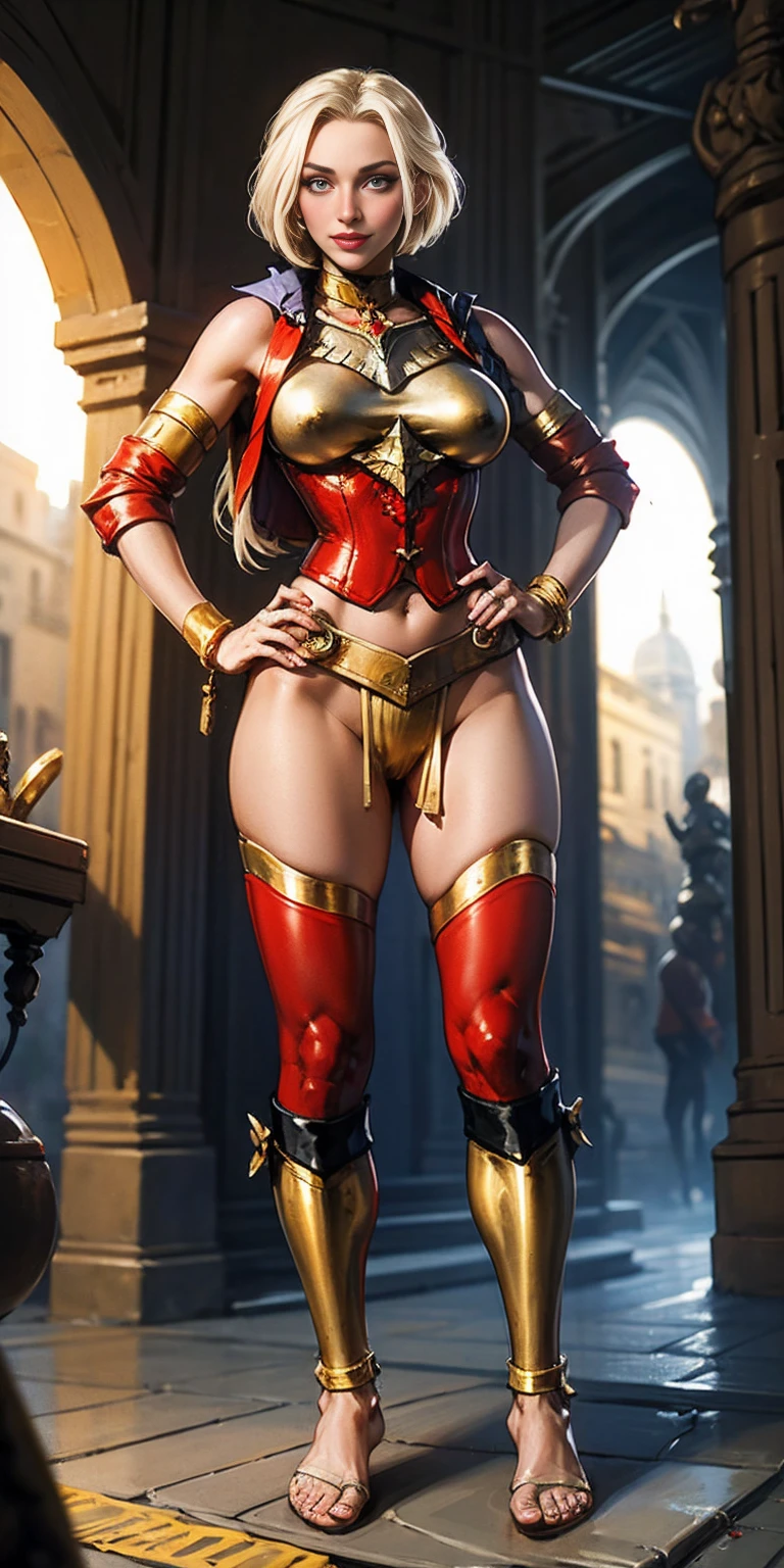 masterpiece, best quality, full body, barefoot, solo, female, big breast, Android 18, yellow bikini, hands on waist, navel, lustful smirking smiling, smile face (red blushed, red cheeks), metal shoulders, gold sleeveless armbands, black leather choker collar, shackle bracelets, pauldrons, breastplate, corset, eye focus, full body, whole body, loincloth standing, hands on hips, metal sandals, backpack, twin big belt, view from below, feet together, bracers, tiara