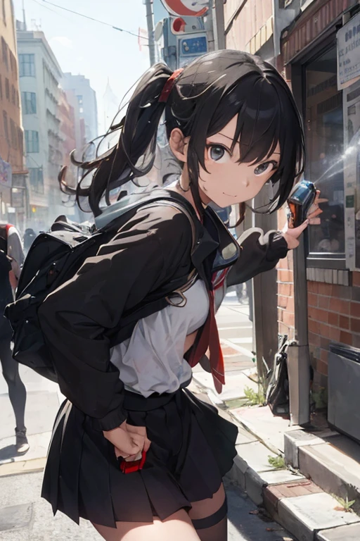 ((Best Quality)), ((masterpiece)), (detailed), 1 girl, dressed as a student, with combat stance, defends himself by spraying pepper spray on a thief, in city background.