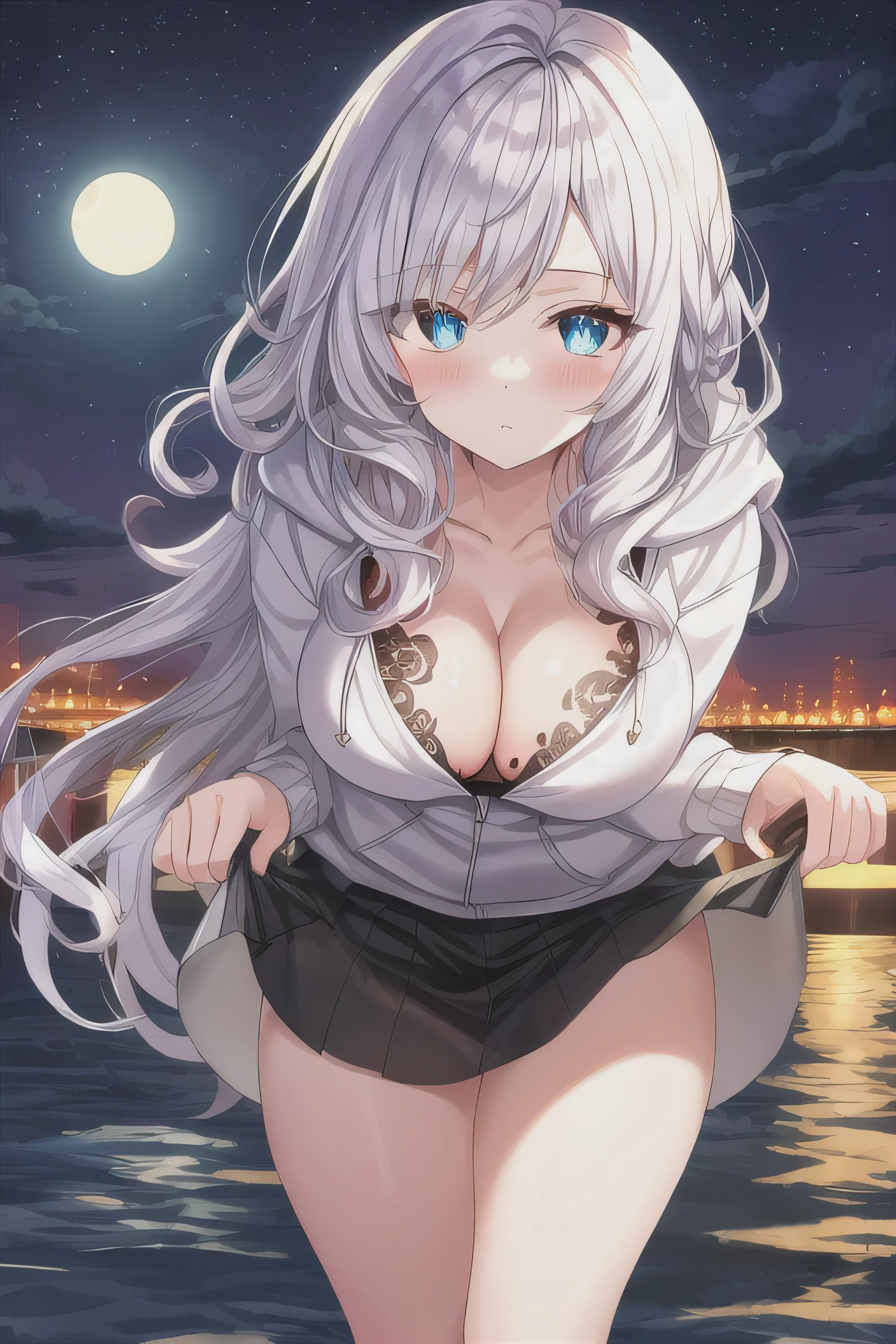 solo, (night time), (moonlight), (night view), (anime seaside setting), sea view, (Anime illustration), ((detailed shadows)), (detailed lighting), large eyes, detailed eyes, long eyelashes, (dramatic chiaroscuro), ((Masterpiece)), ((perfect detailed hands)), ((intricate detail)), (flowing hair), (white hair), long hair, curly hair, bang, (detailed hair)), (((smooth skin))), HD wallpaper, UHD image, (expressive eyes:1.2), (medium breast), thicc, blushing, (white hoodie:1.2), cleavage, (black laced bra:0.8), (black skirt), standing