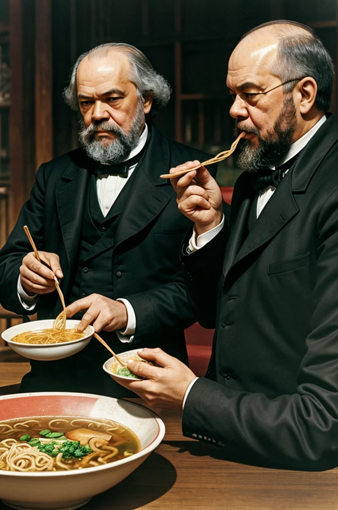 ((best quality)), ((masterpiece)), (detailed), Karl Marx comiendo ramen con Vladimir Lenin en un ACUARIO