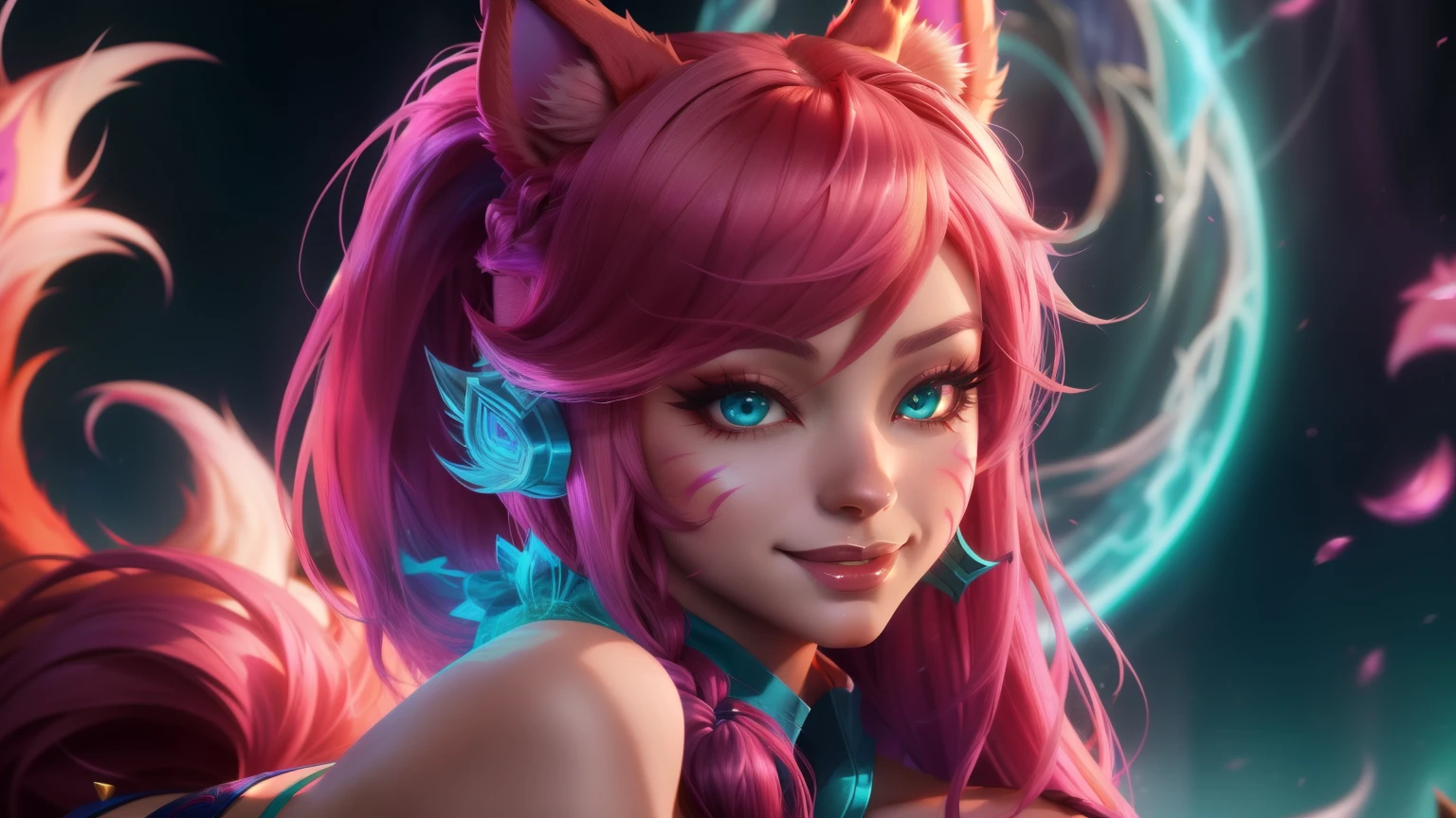 ahri league of legends, (ahri florescer esperitual), postura sexy, posse sexy, corpo definido, pink hair, braided ponytail, aqua eyes, fox ears, evil smile, anime, UHD, super detail, high quality, best quality, 8k