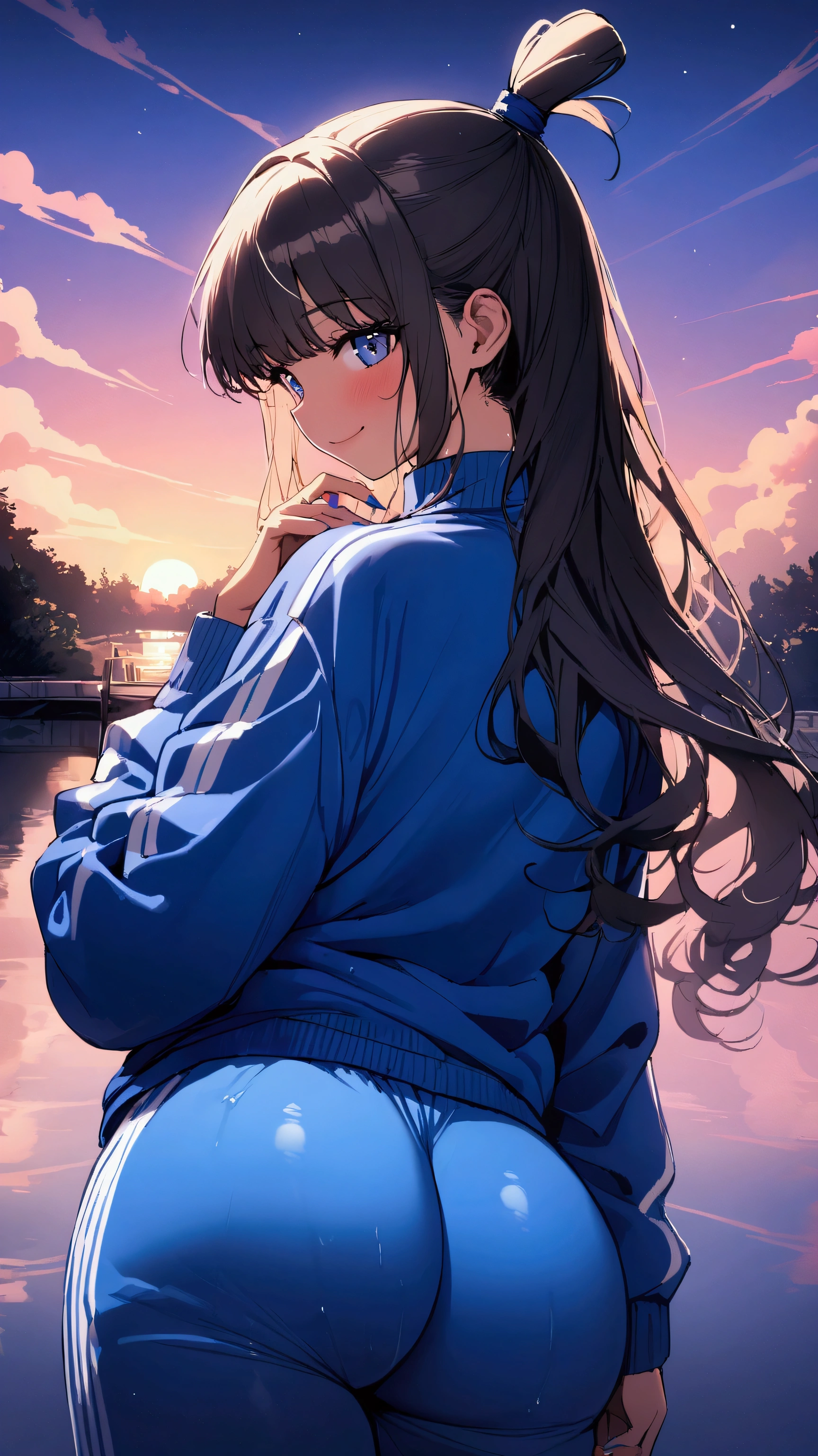 masterpiece, Highest quality, Ultra-high resolution, (beautiful girl: 1.3), (((Top knot)))、Black Hair、smile、Looks like a 15 year old、 (Blue sweatpants:1.3), (The jacket is a blue track jacket.: 1.2), back view、The sunset is dazzling as we enter the waterway.、Wet、Focus on a very big, round and beautifully shaped ass,smile、baggy clothes, (tanned skin:1.3),