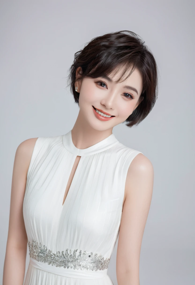 Short haired goddess,dressed in a charming and elegant white Evening dress,cool expression,light smile,fashionable and luxurious,black eyes,standing posture,Complete head and upper body photos,advertising photography,white background,exquisite and realistic,high-definition,8K,perfect facial details,the best quality,
