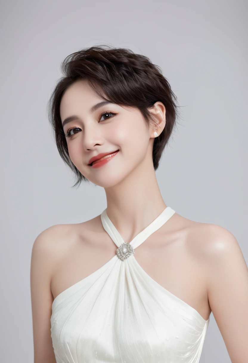 Short haired goddess,dressed in a charming and elegant white Evening dress,cool expression,light smile,fashionable and luxurious,black eyes,standing posture,Complete head and upper body photos,advertising photography,white background,exquisite and realistic,high-definition,8K,perfect facial details,the best quality,