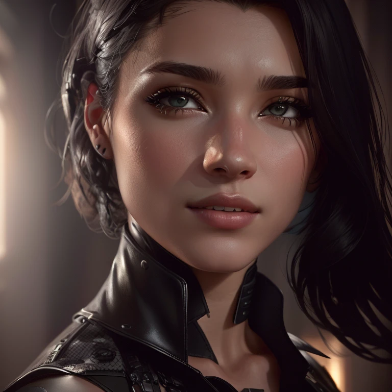 Arafed woman in black shirt and black leather vest posing for a photo., 8k portrait rendering, loba andrade de apex legends, soft portrait 8k, little character. unreal engine 5, Portrait Sophie Mudd, Tithi Luadthong, Cinematic close-up of the bust., german art bokeh 8k