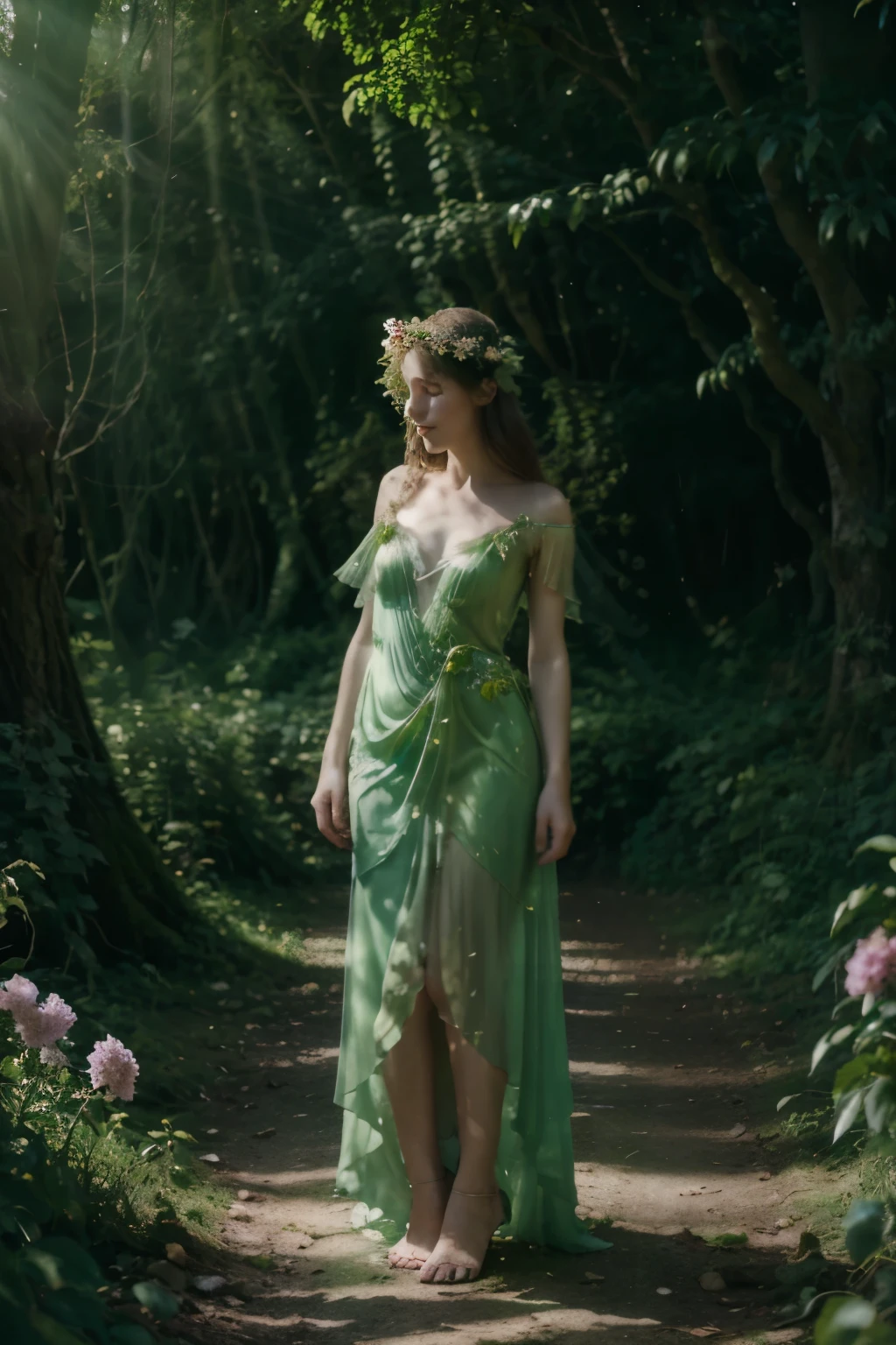 there is a woman in a dress who is standing in the forest, Goddess of nature, inspired by Konstantin Somov, forest fairy, fairy queen of the summer forest, translucent dress, a stunning young ethereal figure, vine dress, Wrapped in flowers and wired, in a whimsical fairytale forest, forest fae, fantasy dress, dryad in the forest