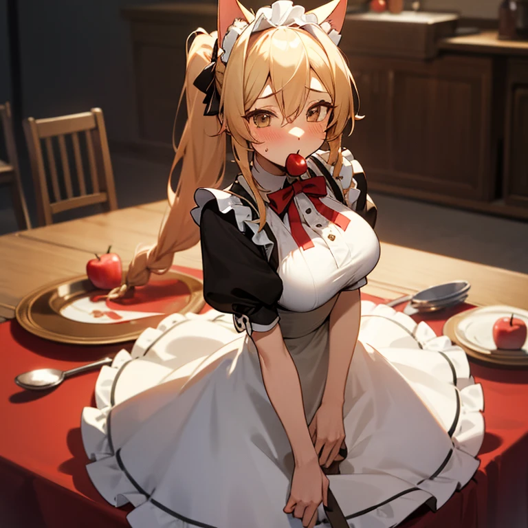 Anime girl on table with apple in mouth on top of a plate wearing maid outfit, red tablecloth, lots of men around table hilding utensils, girl scared
1girl, Long Hair, Blonde Hair, Side Ponytail, Twin Braids, Absurdly Long Hair, Hair Behind Ear, Hair Over Eyes, Large breasts, Cat Ears, Blush, Maid Headdress,