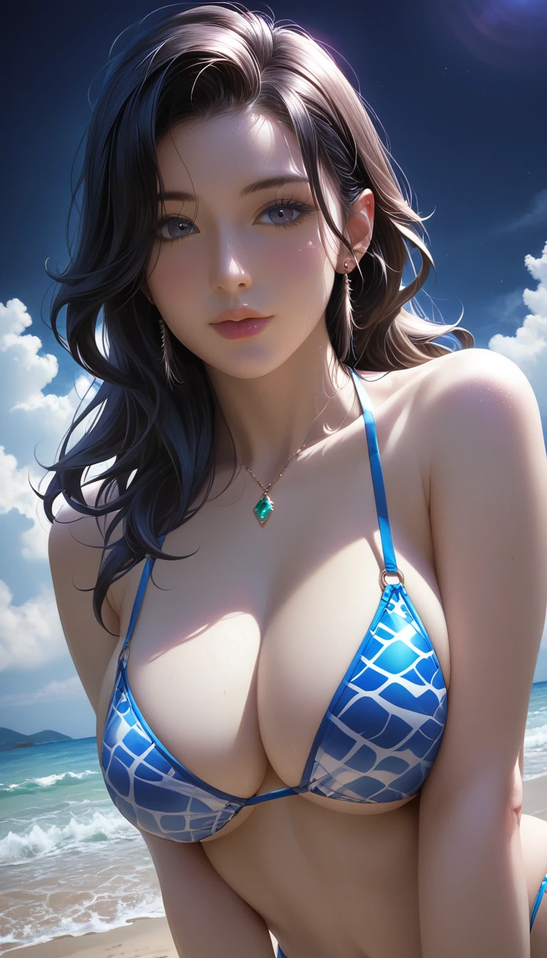score_9, score_8_superior, score_7_superior, Masterpieces with up to 16K resolution,Highest quality,it is really amazing,Very detailed,Ultra-high resolution,(Ultra-realistic:1.1),(Realistic:1.1),Increased depth of field,Cinematic lighting,
Elegant Japanese MILF,
Long black hair,Ultra-detailed and beautiful faces,Translucent white skin,Very detailedな肌,
(Sexy bikini swimwear:1.1),
Artistic design,Beautiful and detailed pattern,Detailed fabric texture,
Gorgeous necklace,Earrings,
(In the Dark:1.1),(Night Coast:1.1),(Deserted beach:1.1),(A pitch black night sky with dark clouds:1.1),
(Dramatic Angle:1.2),