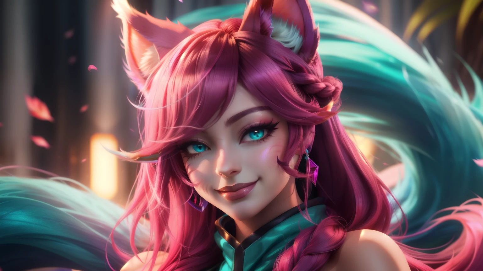 ahri league of legends, (ahri florescer esperitual), postura sexy, posse sexy, corpo definido, pink hair, braided ponytail, aqua eyes, fox ears, evil smile, anime, UHD, super detail, high quality, best quality, 8k, retrato da cabeça aos pés