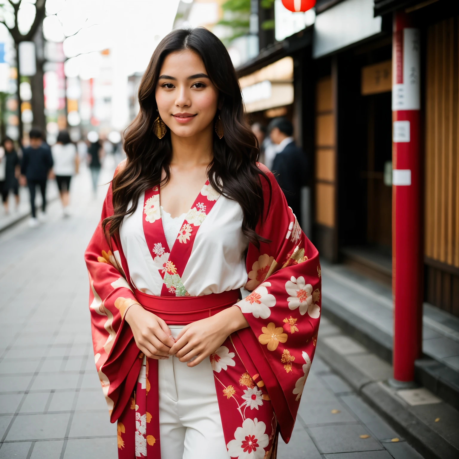 ((best quality)), ((masterpiece)), (detailed), full body portrait of a young latin woman with wavy dark hair, flawed skin and a slender body type, posing in a beautiful colored japanese kimono, on a street in Shibuya, Tokyo, perfect face, perfect hands, five fingers, shot with Sony Alpha A6500 1.4f, bokeh, highly detailed, masterpiece,