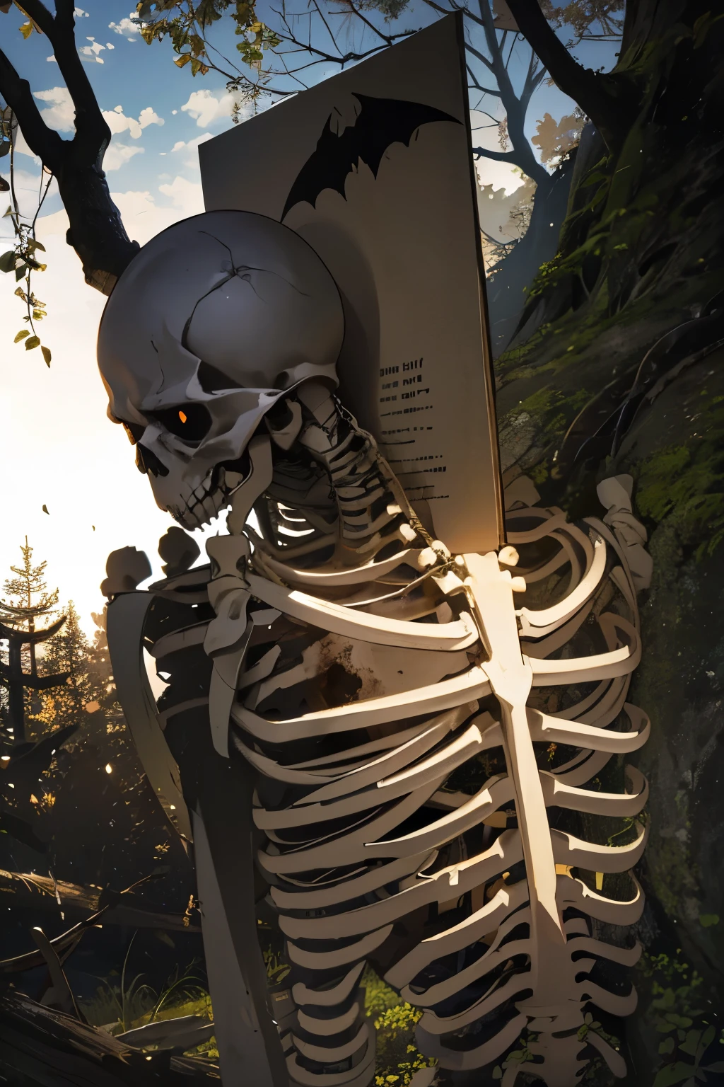 Photorealistic、Cute horror fantasy、(dead tree:1.3), in the forest,shadow the cardboard(Bat,Skeleton)、Skeletonがギターの練習