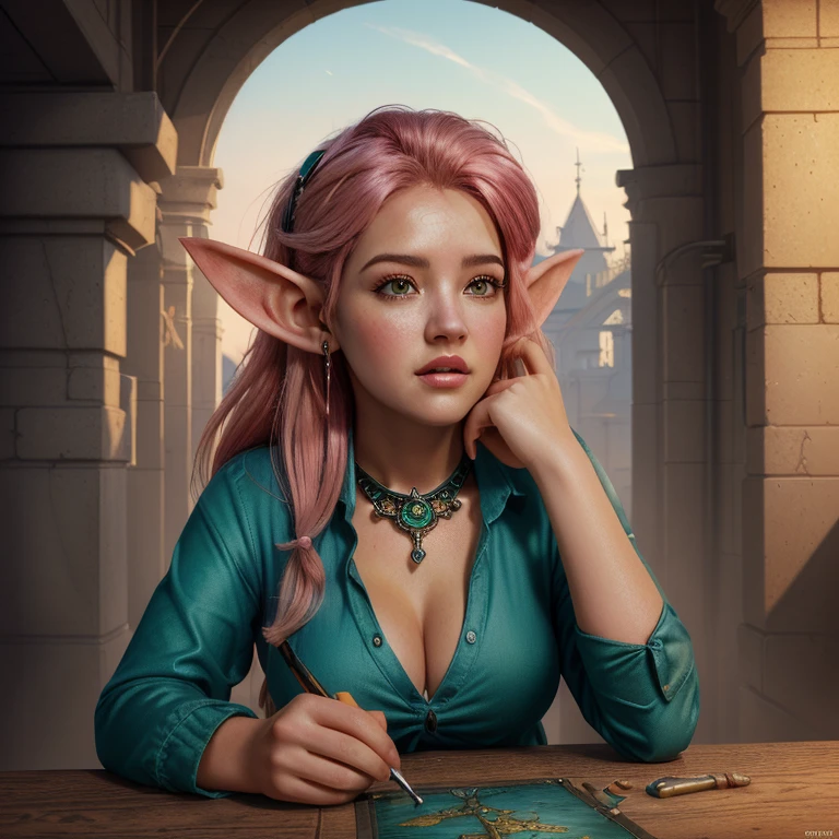 a photorealistic picture and masterpiece, best quality, (extremely detailed CG unity 8k wallpaper), (best quality), (best illustration), (best shadow), absurdres, realistic lighting, (Abyss), beautiful detailed glow, art by PeterMohrBacher, a ((cute)), ((female D&D Gnome)) reminescent of ((Phoebe Cates)) with ((pink hair)), ((green eyes)), tanned skin, work clothes, tools and a visor