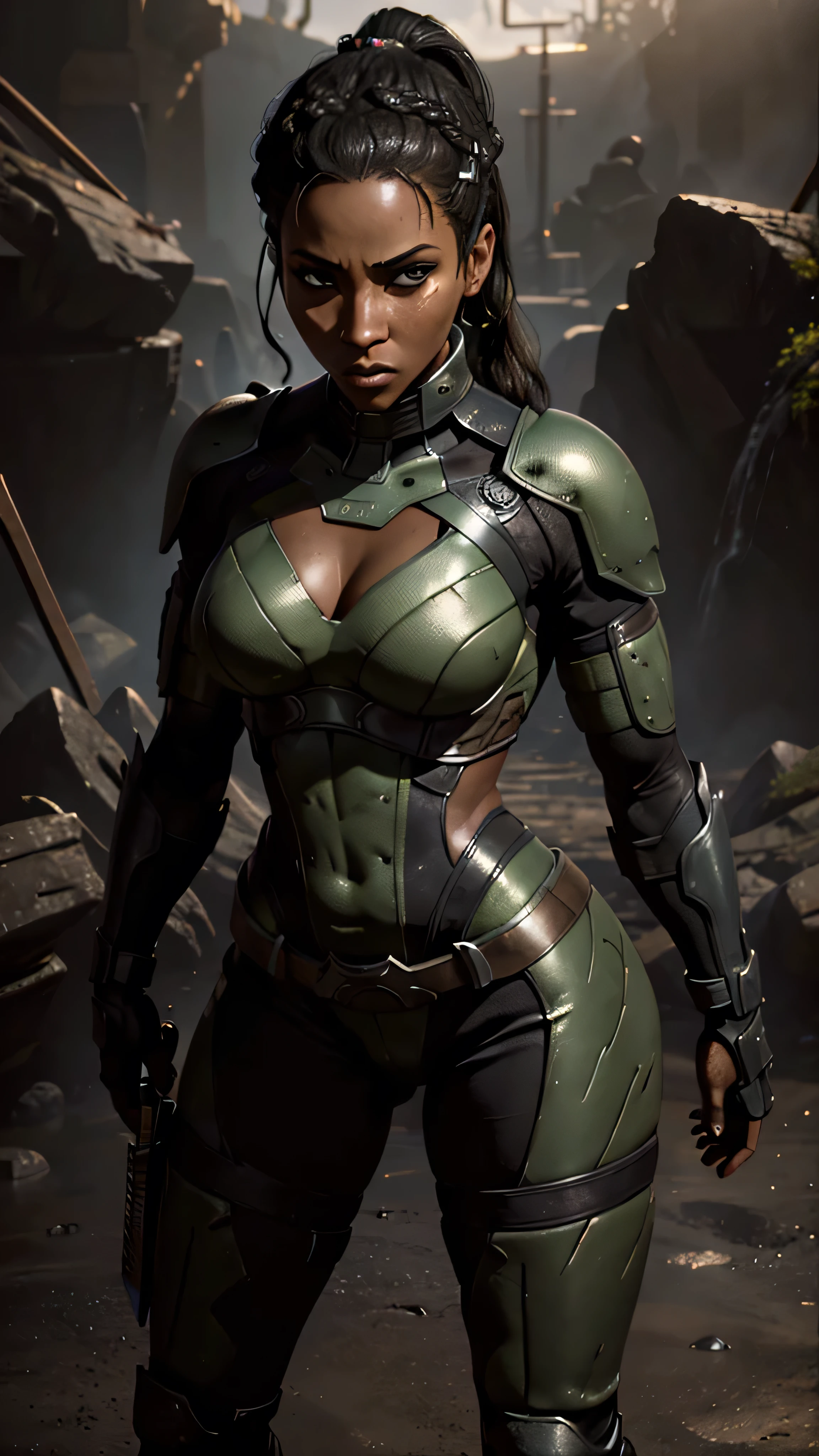 (Teyonah Parris) as Jacqui Briggs from Mortal Kombat, black hair rings, brown eyes, cyberpunk armor, cyberpunk guantlets, cyberpunk boots, standing, city, (insanely detailed, beautiful detailed face, masterpiece, best quality), cinematic lighting, 1woman, solo, full body view, front view, looking at viewer, intricate, high detail, sharp focus, dramatic, photorealistic painting art by greg rutkowski