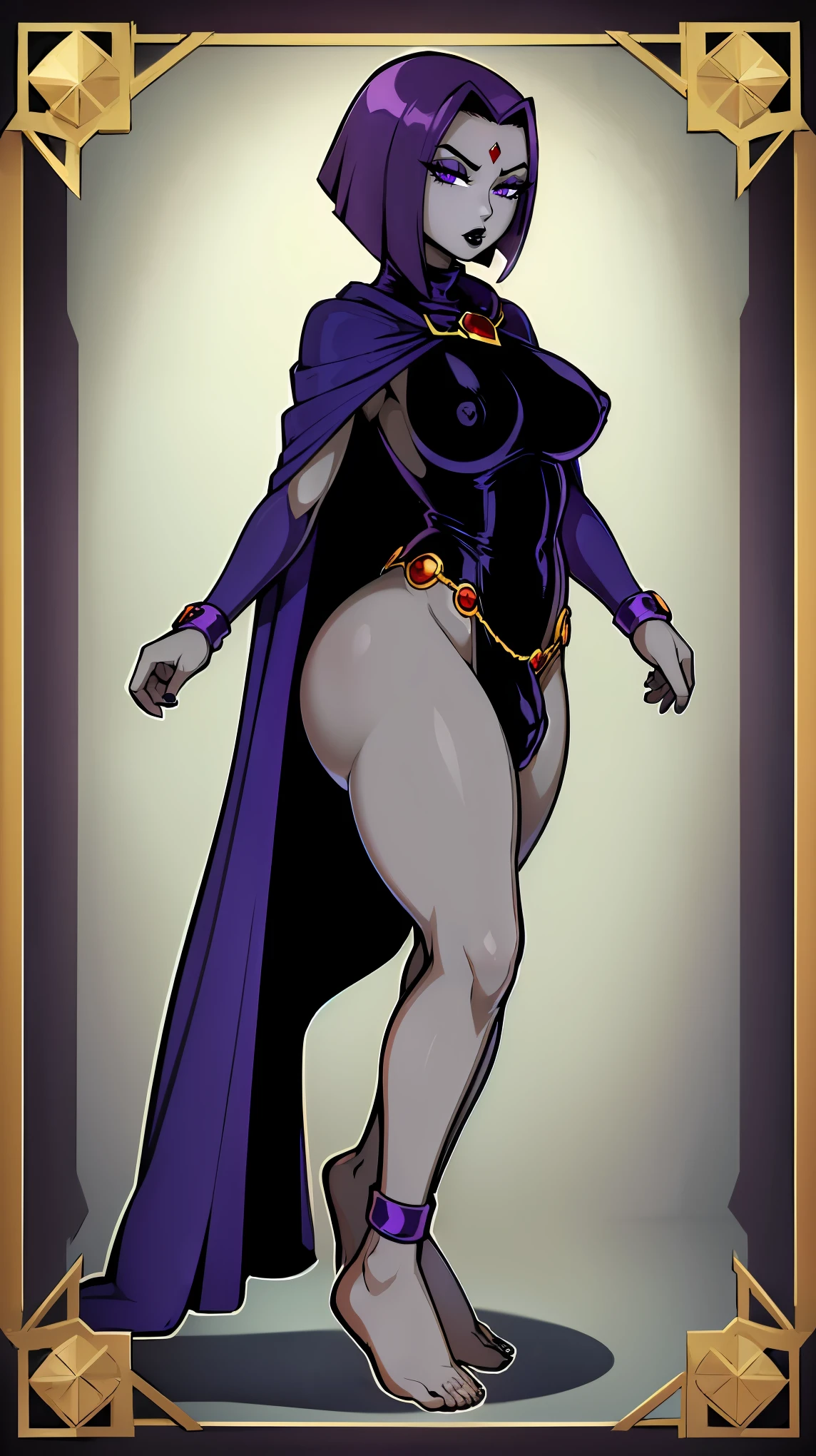(solo:1.1),(masterpiece), (best quality:1.3), ultra detailed, intricate, professional art, digital art, absurdres, shadraven, (Full body view:1.1), 1girl, solo, (grey skin:1.4), dark purple hair, bob hair, dark purple eyes, hips wider than shoulders, pear shaped body, jewellery, detailed thighs, thick thighs, red jewel in forehead, jewels, (long sleeved turtleneck leotard:1.3), cuffs, small breasts, nipple bulge, (shadraven long cloak), (Shadraven broach:1.2), Shadraven jewel belt, Shadraven wearing a long sleeved leotard, long legs, ( long crotch bulge:1.4), large penis, large testicles, side view, looking at viewer, bubble butt , gluteal crease, universal lighting,,