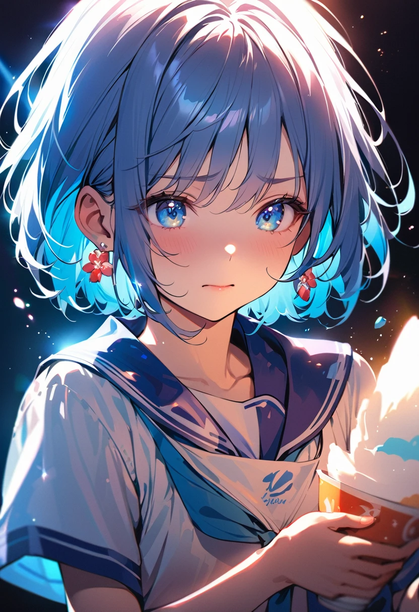 masterpiece, Highest quality, (((Eating shaved ice makes me feel refreshed)))、(((Close your eyes tightly and cry out in pain)))、Raising awareness, Sax Blue, プラチナEarrings, Platinum Necklace, White Dress, One Girl, cute, (Dynamic Lighting:1.2), Cinema Lighting, Delicate facial features, Detailed eyes, Sharp pupils, Realistic student, Written boundary depth, ボケ Written boundary depth, Sharp focus, (Very detailed, bloom, Shine:1.4), Lots of little gems, (((short_hair))),　Toru Asakura、黒hairs、Earrings、gradation hair、multi color hair、分けた前hair、blue hair、Upper Body、Ultra close-up footage、She is wearing a see-through sailor top.、The white fabric is accented with a navy blue sailor collar and red ribbon...。The top is transparent up to the chest.、See-through design。ボトムスは非常にshortネイビーブルーのプリーツスカートで、Fits snugly around the waist。The background is simple white.、this、The text becomes more visible.。The light source is a soft light from the front...、The overall atmosphere is bright and clean...。