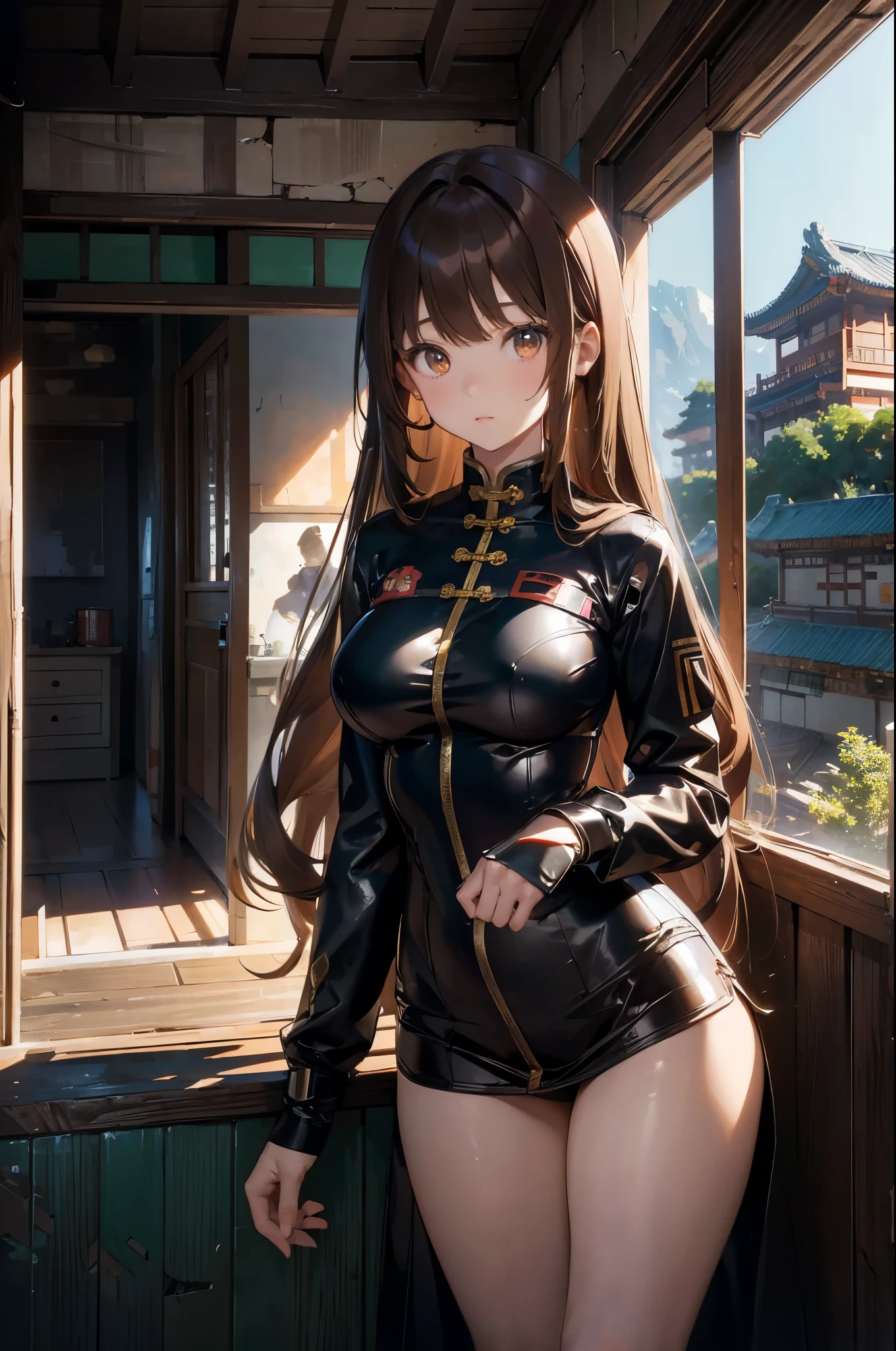 high quality,8K resolution,real picture,Long-haired mecha girl,Brown hair,(Medium breasts:1.1),Chinese Girl,Tight Fit,Umbilical cord,Shitu-mecha behind the girl,Gorgeous,Chinese House,War-torn ruins,photography:Brandon Wolfermüster,surreal dreamscape,That's it,Right of use,HDRM Professional Lighting,Photon Mapping,Radio City,Physically Based Rendering,Exquisite realism,Aray's That's itmic and expressive animations,(sunny:1.2),(Afternoon on the street:1.1)。huge乳沟乳房,huge ,The grooves reveal the original skin,huge , Crazy breast swelling, Chest larger than shoulder blades, Big breasts and thin waist,(huge breasts:1.2),Hydrated skin((rogue))((非常huge乳房)),((Grooves reveal original skin))