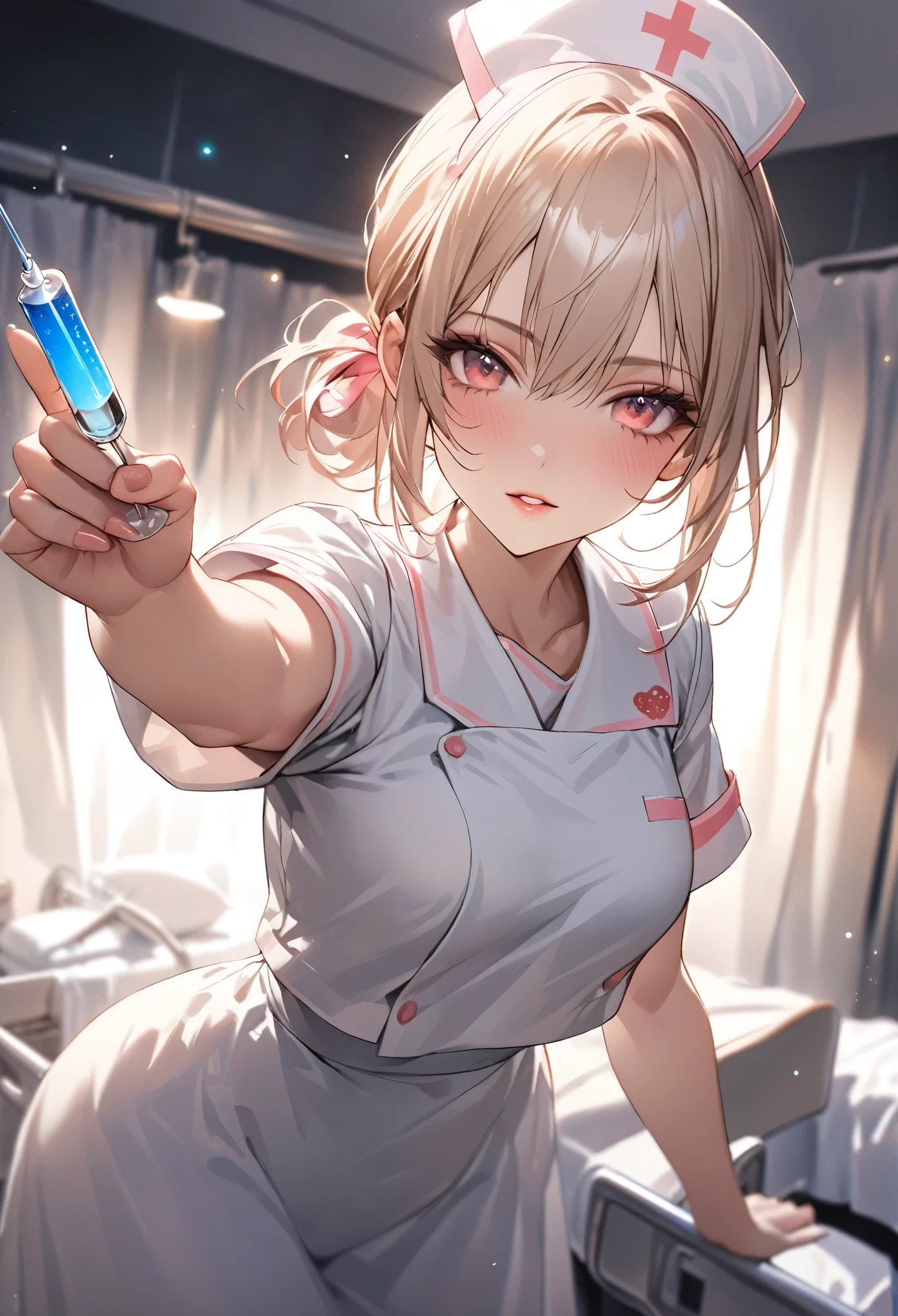 masterpiece, best quality, extremely detailed CG unity 8k wallpaper, Realistic skin texture, Standing in honor, Reach out and point the syringe at the viewer, Realistic skin texture, Anatomical Hand, nurse, woman, Holding a syringe in your hand, Wearing a crisp nurse uniform, Hair tied up, bokeh photography, (soft focus):1.2, out-of-focus highlights, dreamy ambiance, glowing circles, mesmerizing depth, Cowboy Shot, Hospital room, 2.5D