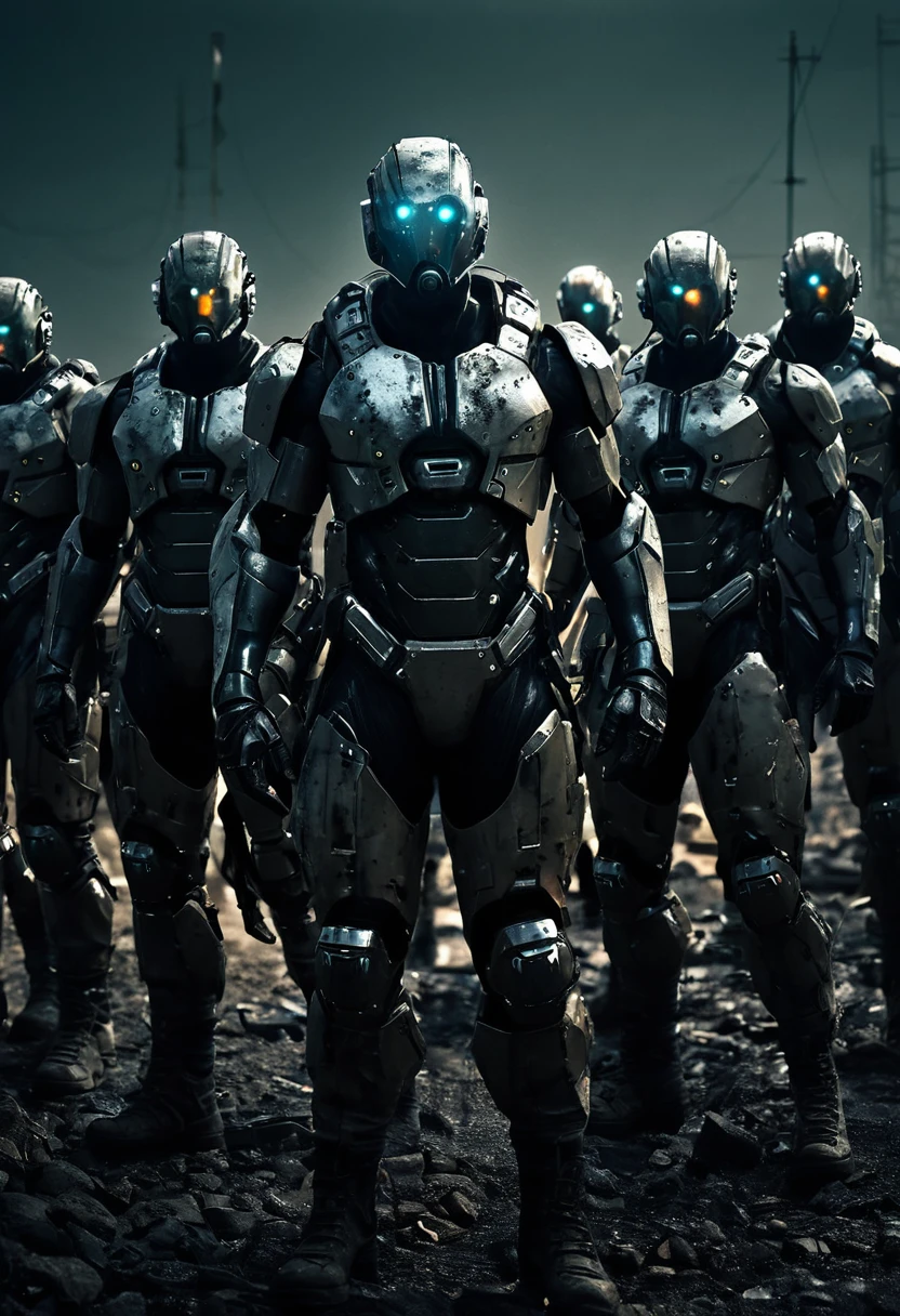 A group of genetically enhanced super soldiers, part human, part animal, standing in a post-apocalyptic wasteland. They are covered in scars and cybernetic implants, and their eyes glow with an otherworldly light. Dark, gritty, cinematic lighting.