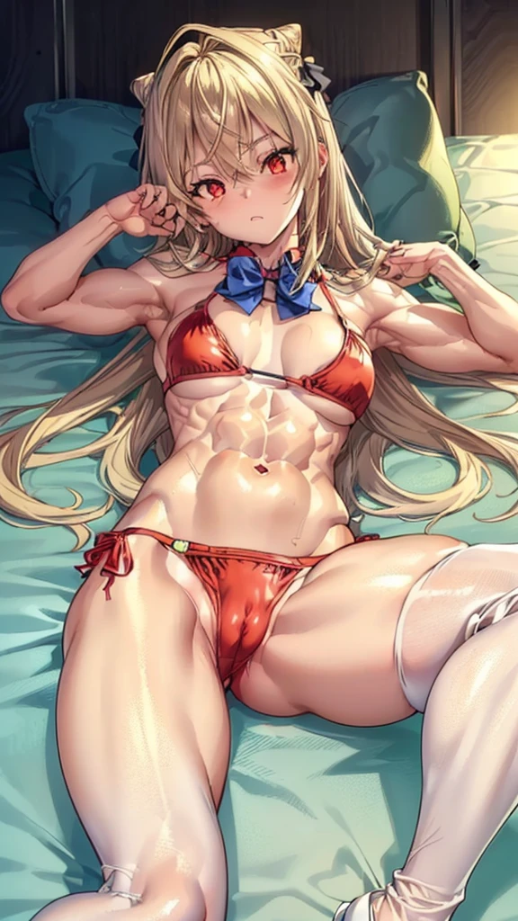 (((1 ta girl))), when he plows, (Red eyes: 1.5), blond hair, (blond hair: 1.1), by the wide, conical bun, hair ornament, hair shots, He drowned, Stripe, blue bow tie, (tight short bikini, ((red bikini)), white thighs, white thigh highs), has, (muscular belly), well muscled abs, Wide hips, Thin waist, small breasts, (((lying down showing her abs))), wearing black heels, (((pose sexy))), {{acostada abriendo las piernas showing her tight pussy because of the bikini}}, ((showing her tight pussy because of the bikini)), {{{Full body photo}}}, blushing, embarrassed, ashamed, REST looking at the viewer , breaking and entering, room, {in a bed lying}, interval (masterpiece: 1.2), Best Quality, highest resolution, unity wallpaper 8k, (illustration: 0.8), (beautiful detailed eyes: 1.6), extremely detailed face, perfect lighting, Extremely detailed CG, (perfect anatomy), {anatomically correct}, {{perfect hands, (correct hands)}.
