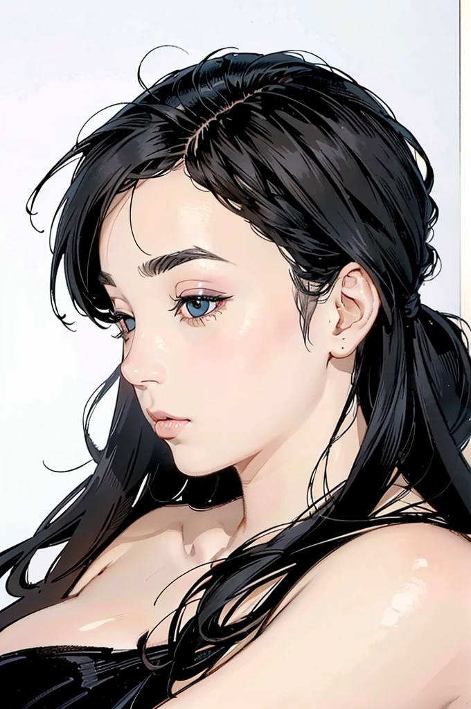 ((White background)), (masterpiece, Highest quality),Vibrant colors,colorful, Highest quality, Amazing details, Anatomically correct, Line art, Written boundary depth,Flat Shading,Bokeh, girl, 12 years old,, ((Plump、Big Breasts)).profile、She has black hair。she has a wide forehead。She has no bangs。(Short Bob）。Brow wrinkles。Browsing Caution