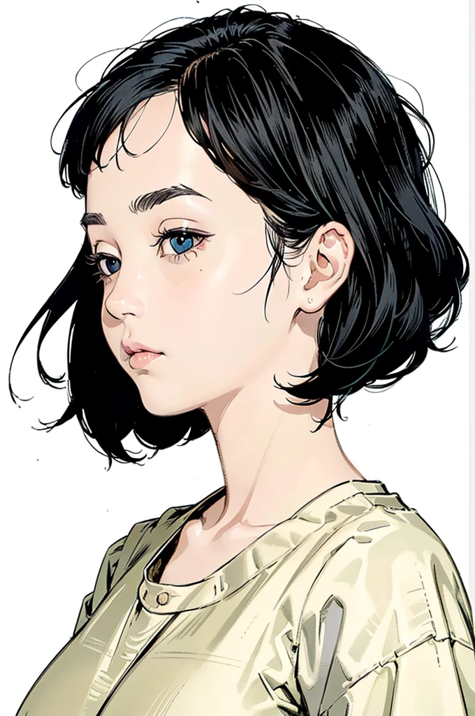 ((White background)), (masterpiece, Highest quality),Vibrant colors,colorful, Highest quality, Amazing details, Anatomically correct, Line art, Written boundary depth,Flat Shading,Bokeh, girl, ,, ((Plump、Big Breasts)).profile、She has black hair。she has a wide forehead。She has no bangs。(Short Bob）。Brow wrinkles。Browsing Caution