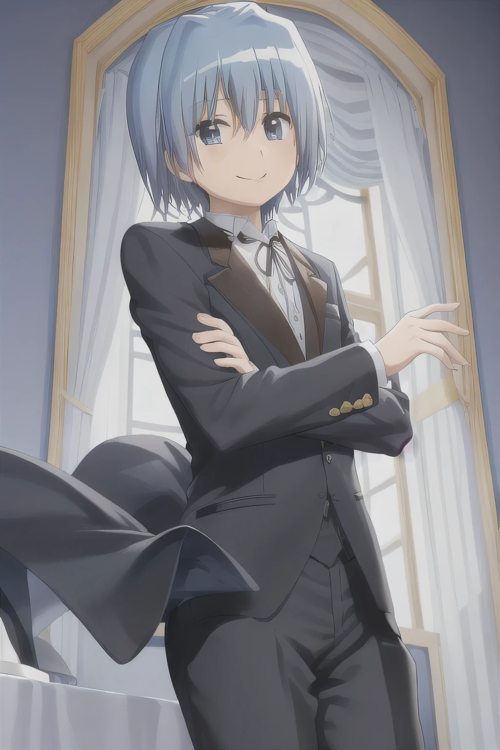 masterpiece, Highest quality, Hayate Ayasaki, alone, boy, short hair, blue eyes, Blue Hair, butler suit, Mansion, Upper Body, smile