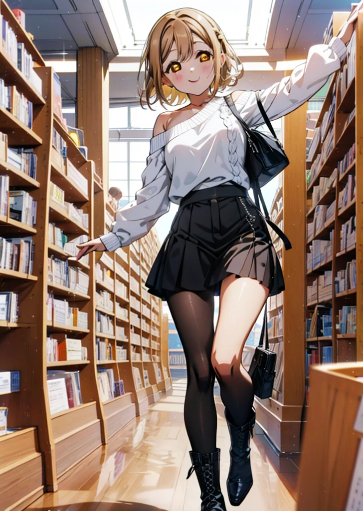 Hanamaru the kunikida, Brown Hair, happy smile,smile, Open your mouth,Yellow Eyes,hair band,Black-rimmed glasses,One-shoulder sweater,Long skirt,Black pantyhose,short boots,Walking,Bookshelf,There is a lot piled up on the table,whole bodyがイラストに入るように,
break indoors, figure書館,
break looking at viewer, whole body,
break (masterpiece:1.2), Highest quality, High resolution, unity 8k wallpaper, (figure:0.8), (Beautiful attention to detail:1.6), Highly detailed face, Perfect lighting, Highly detailed CG, (Perfect hands, Perfect Anatomy),