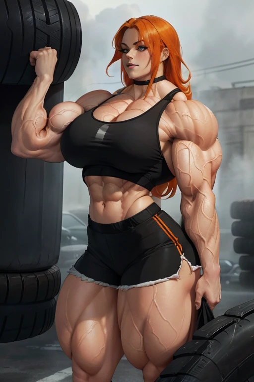 ((Close-up)), tall, (orange hair) beautiful sweaty muscular woman, long shaggy hair, pale white skinned, closed smile, (black lipstick), ((massive muscles)), (hyper muscle), (ginormous bulky muscles), green eyes, (black sports bra), (black dolphin shorts), choker, sneakers, ((carrying a massive car tire in hand)), in a steamy weight room, 