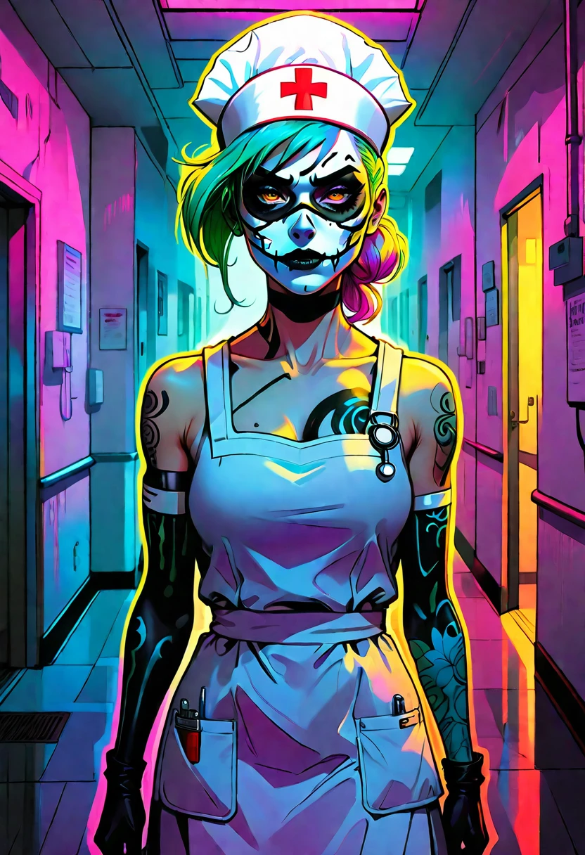"expressive anime sketch style, solid coloring, Tank Girl, wearing nurse outfit, face with ornate blackmetal corpsepaint, uv light ray face mask, with a Frederic Delavier-inspired musculature anatomical illustration style. Piercing eyes, Set against a liminal hospital corridor background with florescent low level dim glow, with a subtle, glowing ROYGBIV color palette and hospital tones. Incorporate expressive, Joelle Jones-style comic book art nuances and Gerardo Zaffino-inspired charcoal textures. Emphasize the surreal, abstract, and cinematic aspects, with a focus on craftsmanship and nuance. Incorporate subliminal orchids and a sense of nyctophobia, with a silhouette and double exposure effect, creating an image within an image."